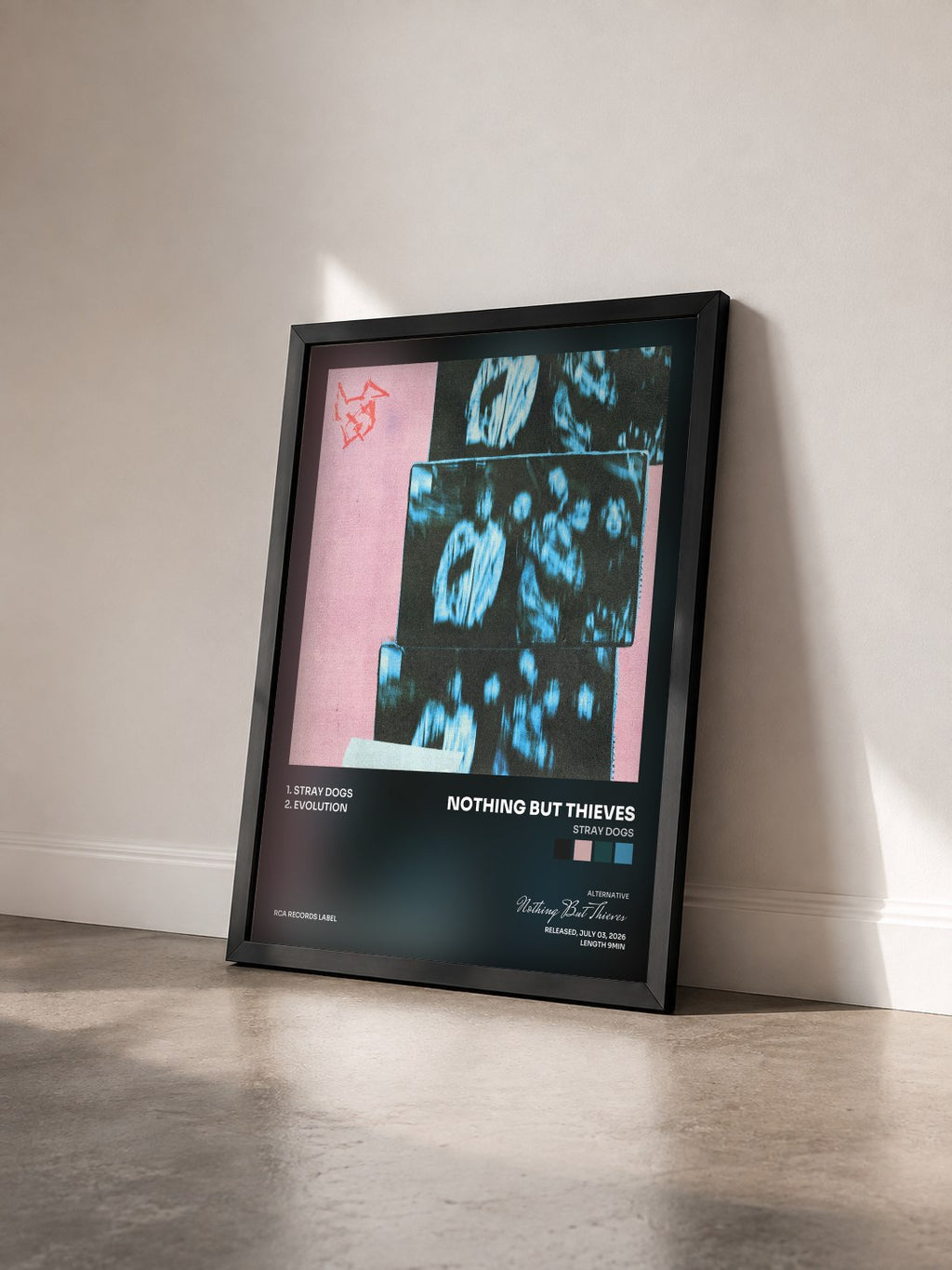 #noir Tableau de l'album Stray Dogs de Nothing But Thieves vu de trois quarts, cadre noir