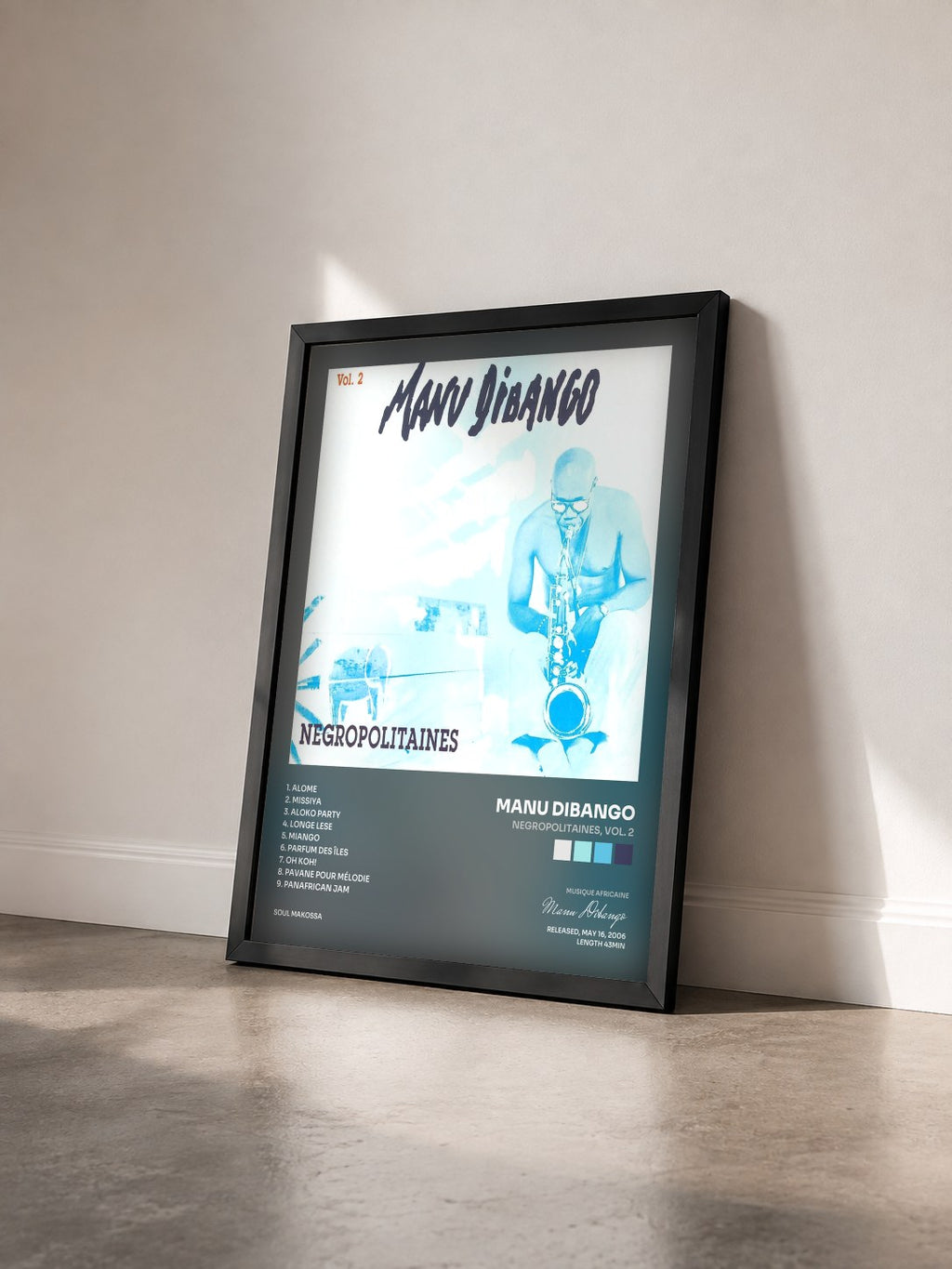 #noir Tableau de l'album Negropolitaines, Vol. 2 de Manu Dibango vu de trois quarts, cadre noir