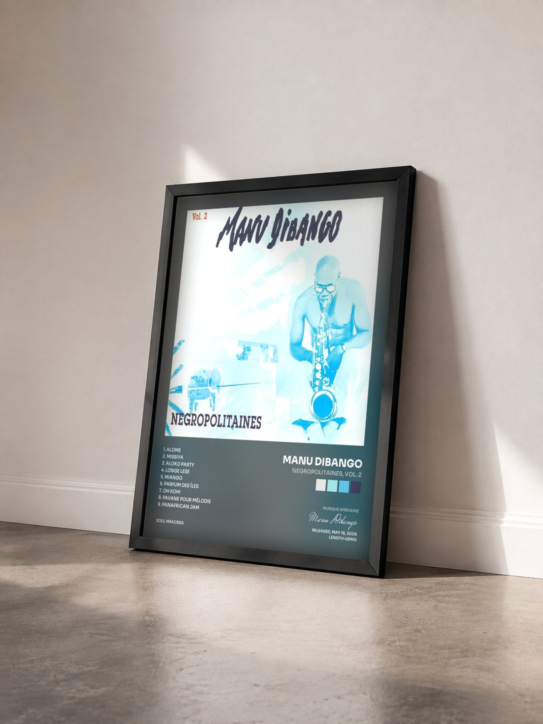 #noir Tableau de l'album Negropolitaines, Vol. 2 de Manu Dibango vu de trois quarts, cadre noir