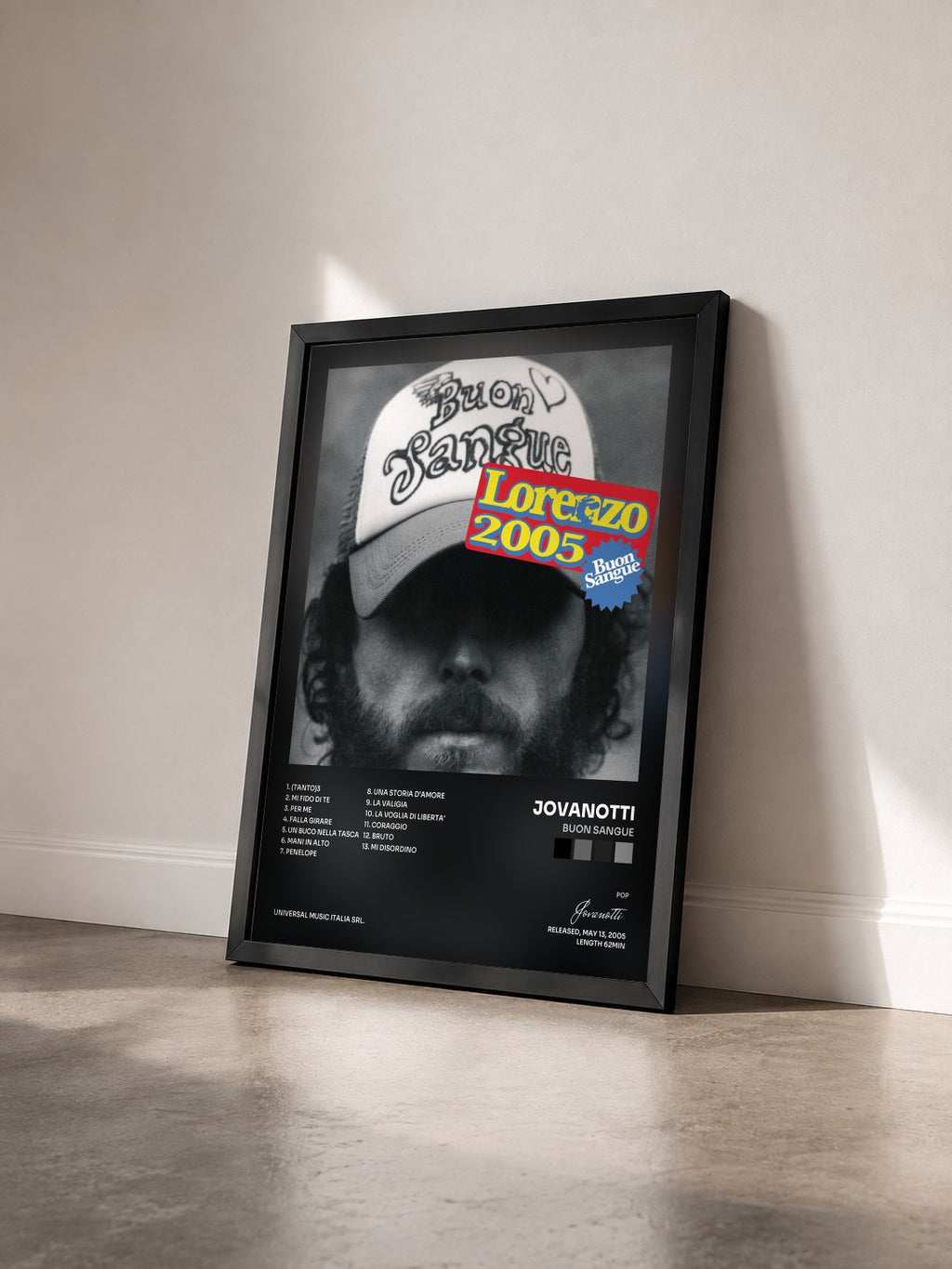#noir Tableau de l'album Buon Sangue de Jovanotti vu de trois quarts, cadre noir