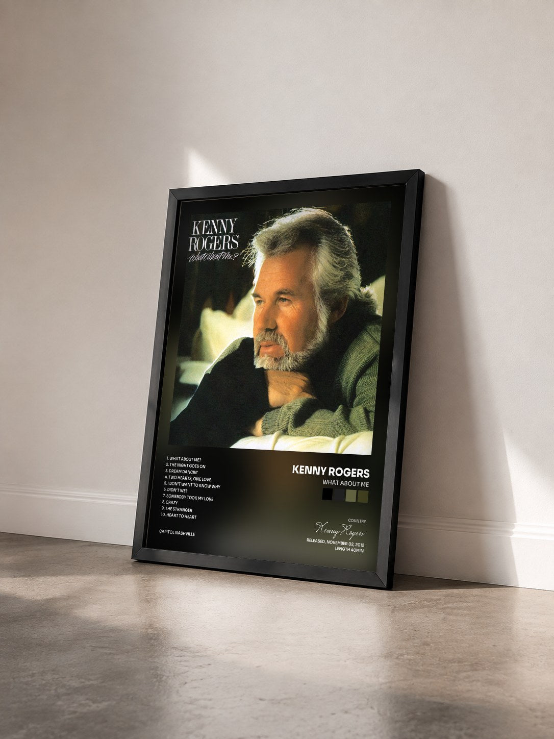 #noir Tableau de l'album What About Me de Kenny Rogers vu de trois quarts, cadre noir