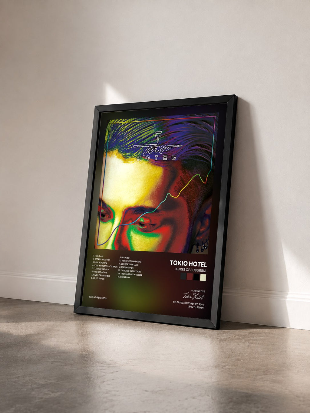#noir Tableau de l'album Kings Of Suburbia de Tokio Hotel vu de trois quarts, cadre noir