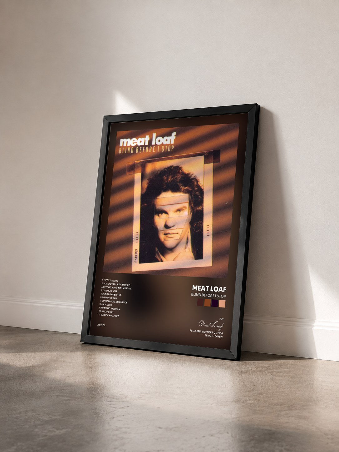 #noir Tableau de l'album Blind Before I Stop de Meat Loaf vu de trois quarts, cadre noir