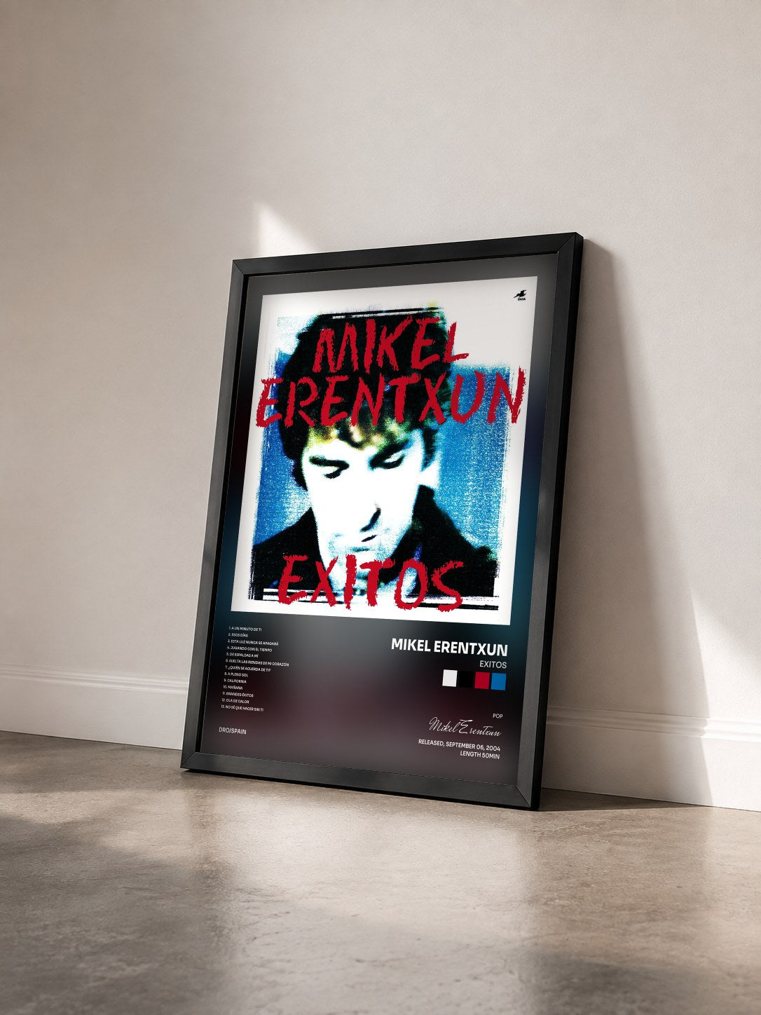 #noir Tableau de l'album Exitos de Mikel Erentxun vu de trois quarts, cadre noir