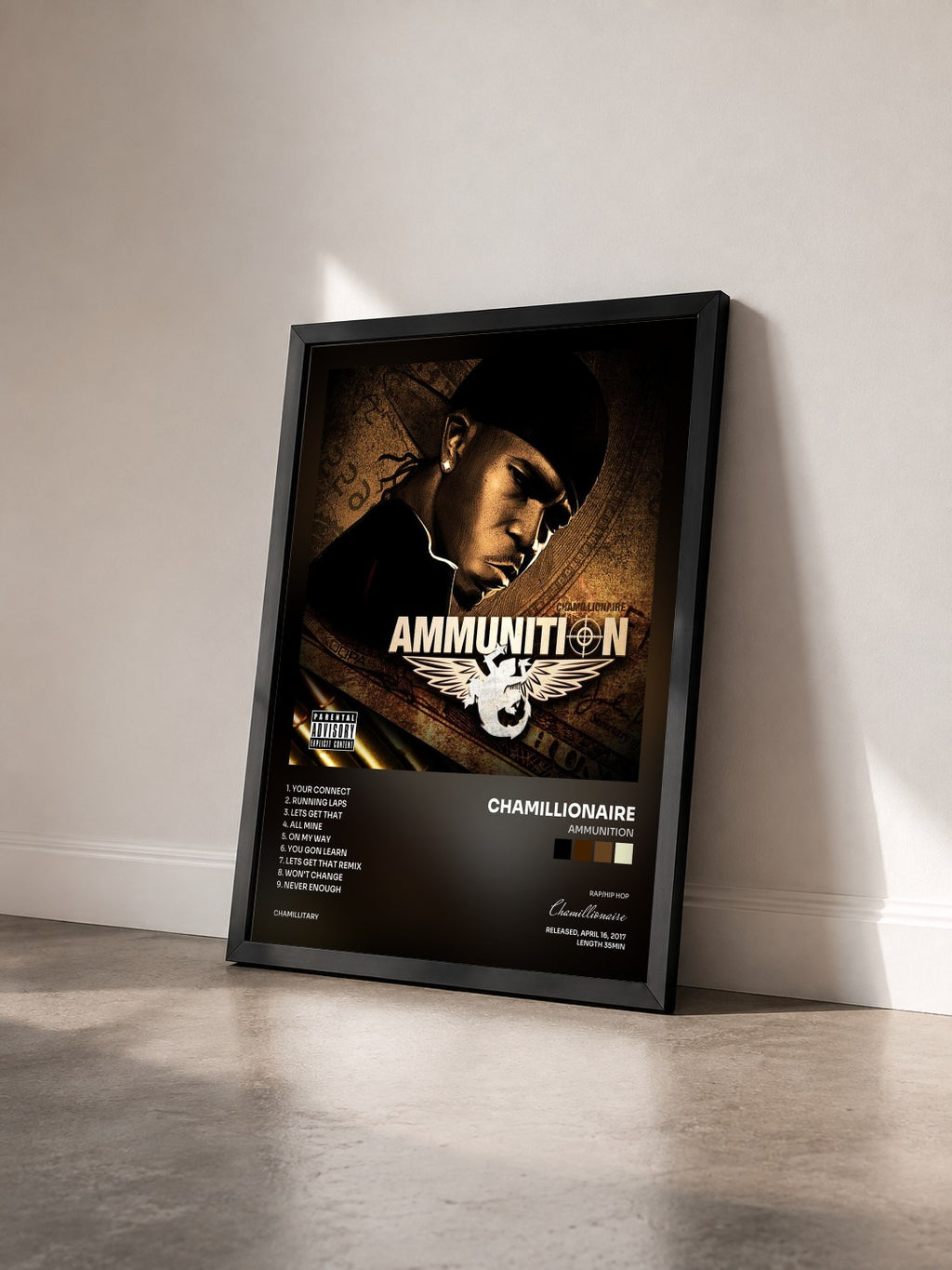 #noir Tableau de l'album Ammunition de Chamillionaire vu de trois quarts, cadre noir