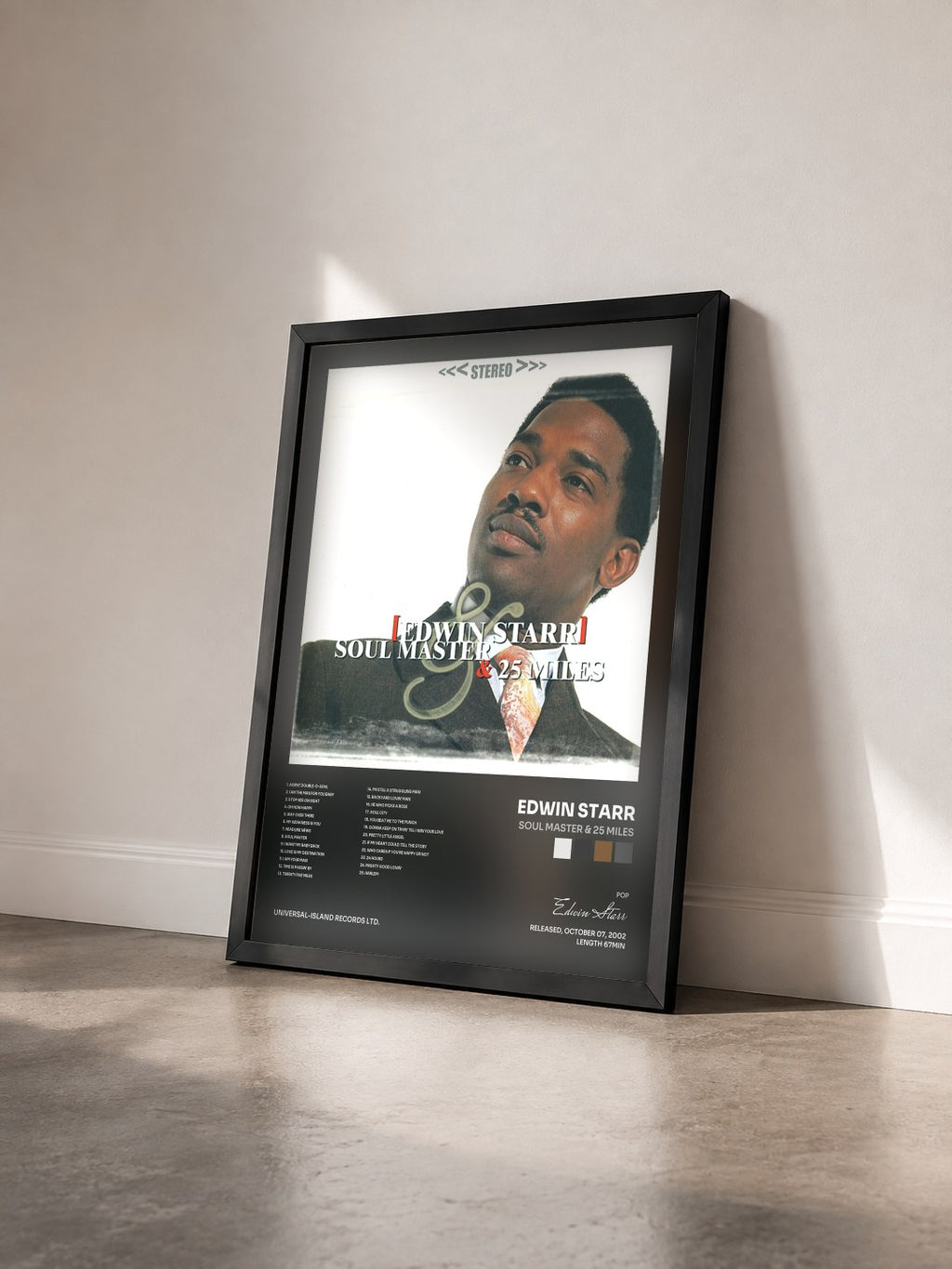 #noir Tableau de l'album Soul Master & 25 Miles de Edwin Starr vu de trois quarts, cadre noir