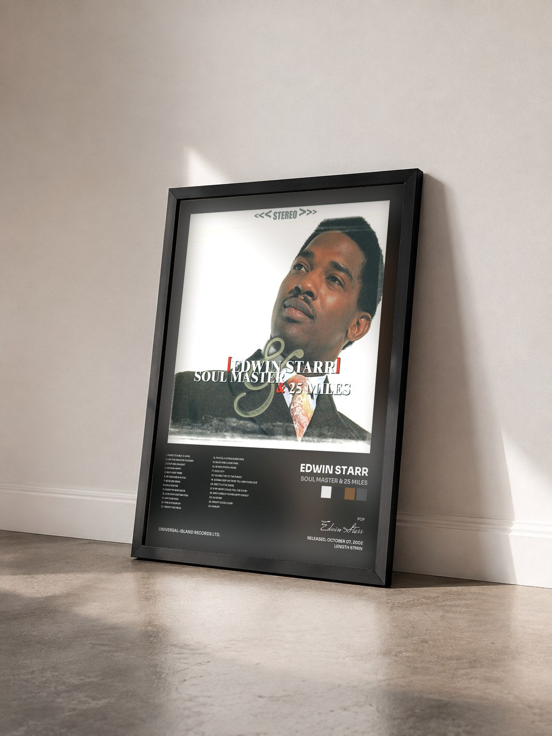 #noir Tableau de l'album Soul Master & 25 Miles de Edwin Starr vu de trois quarts, cadre noir