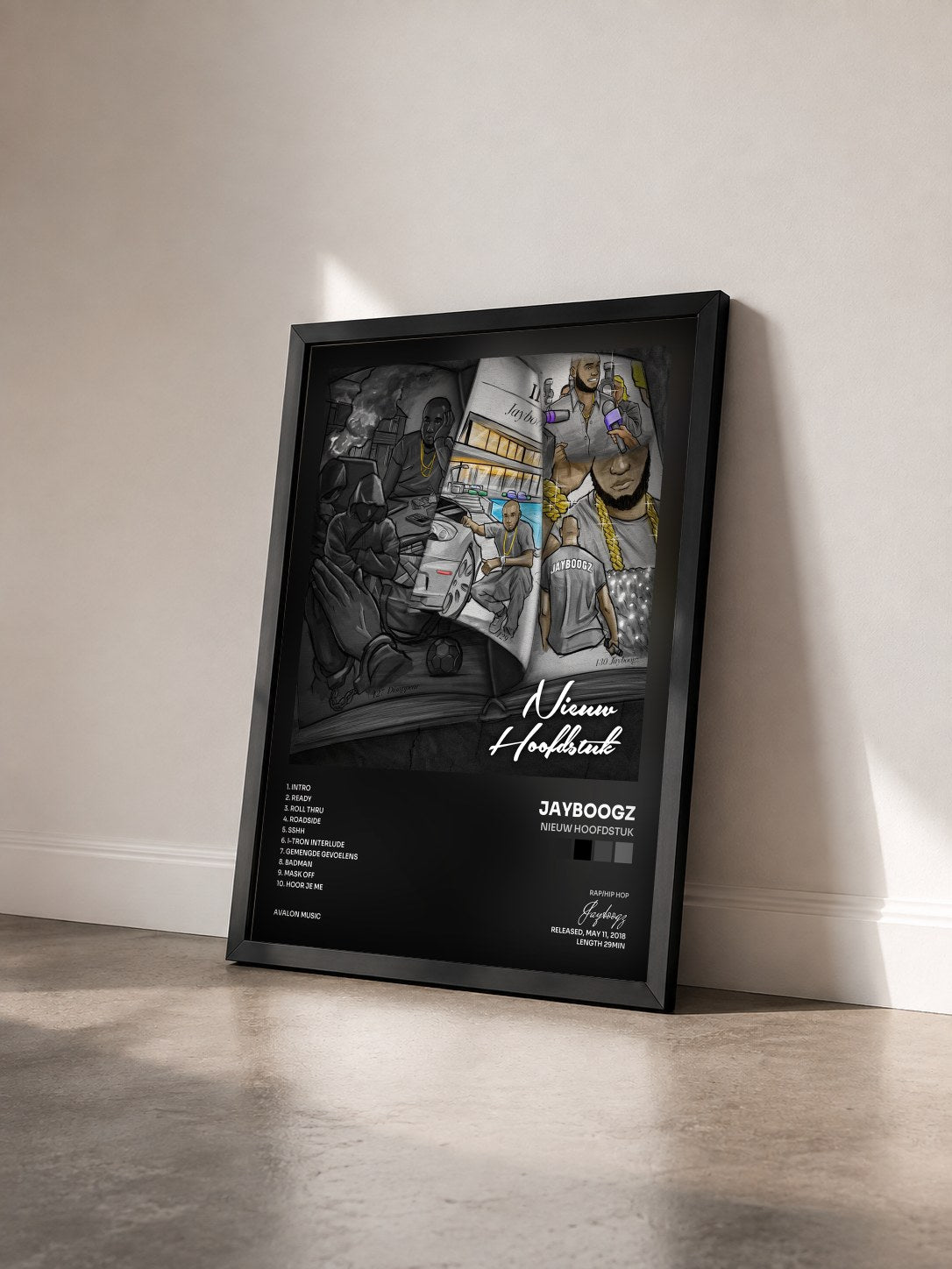 #noir Tableau de l'album Nieuw Hoofdstuk de Jayboogz vu de trois quarts, cadre noir