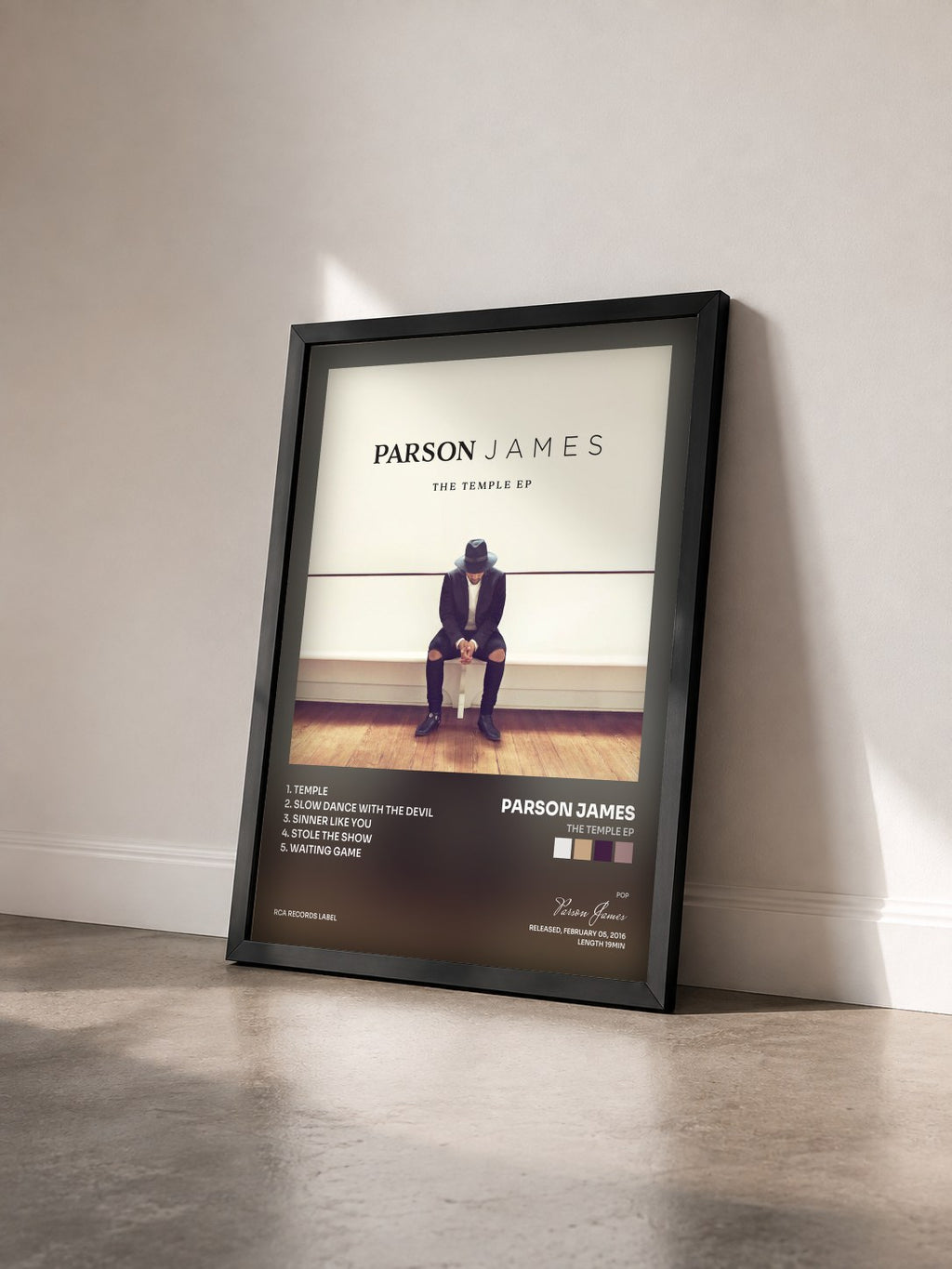 #noir Tableau de l'album The Temple EP de Parson James vu de trois quarts, cadre noir