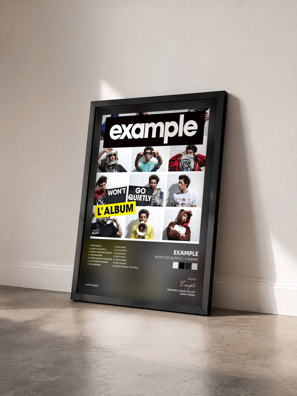 #noir Tableau de l'album Won't Go Quietly - L'album de Example vu de trois quarts, cadre noir