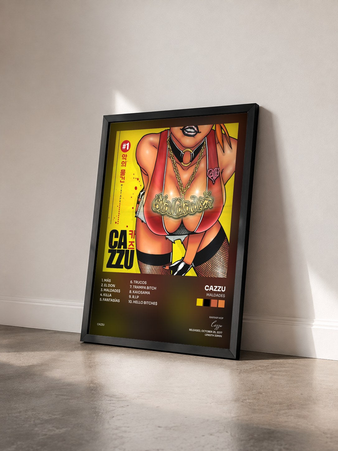 #noir Tableau de l'album Maldade$ de Cazzu vu de trois quarts, cadre noir
