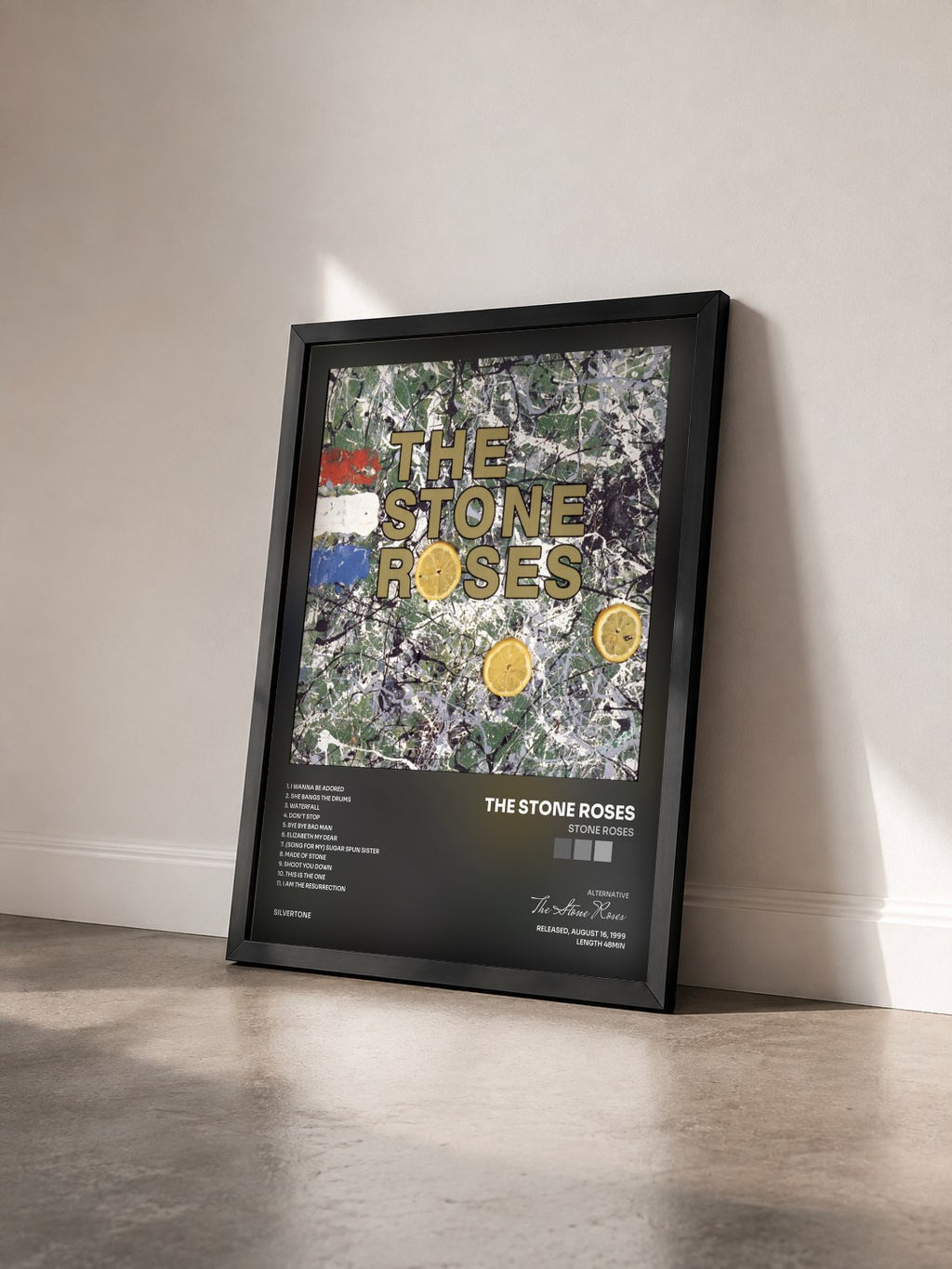#noir Tableau de l'album Stone Roses de The Stone Roses vu de trois quarts, cadre noir