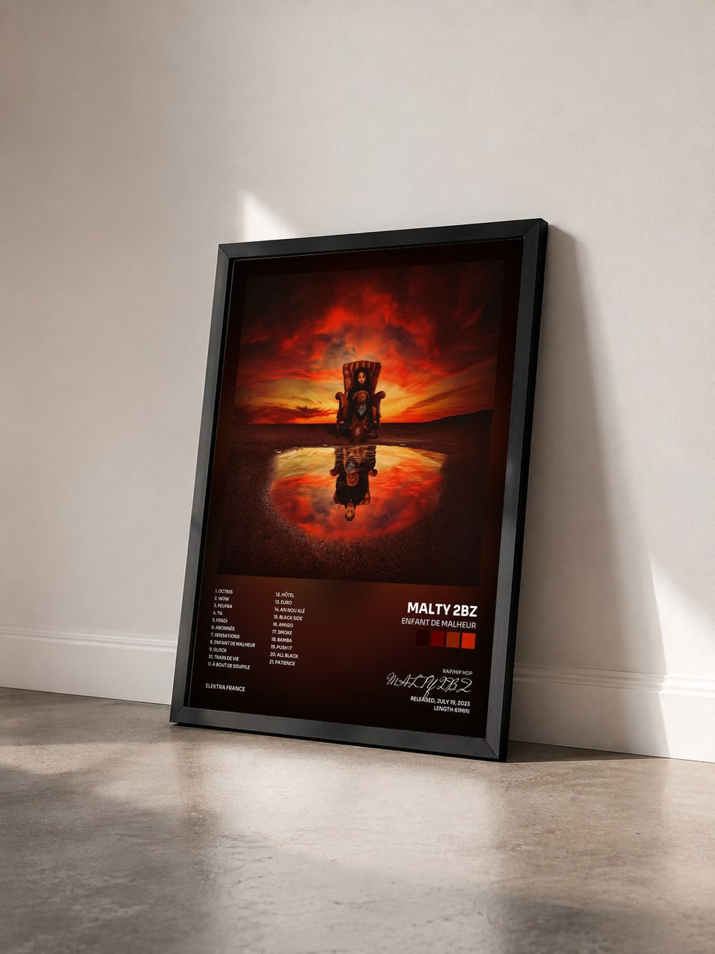 #noir Tableau de l'album Enfant de Malheur de MALTY 2BZ vu de trois quarts, cadre noir