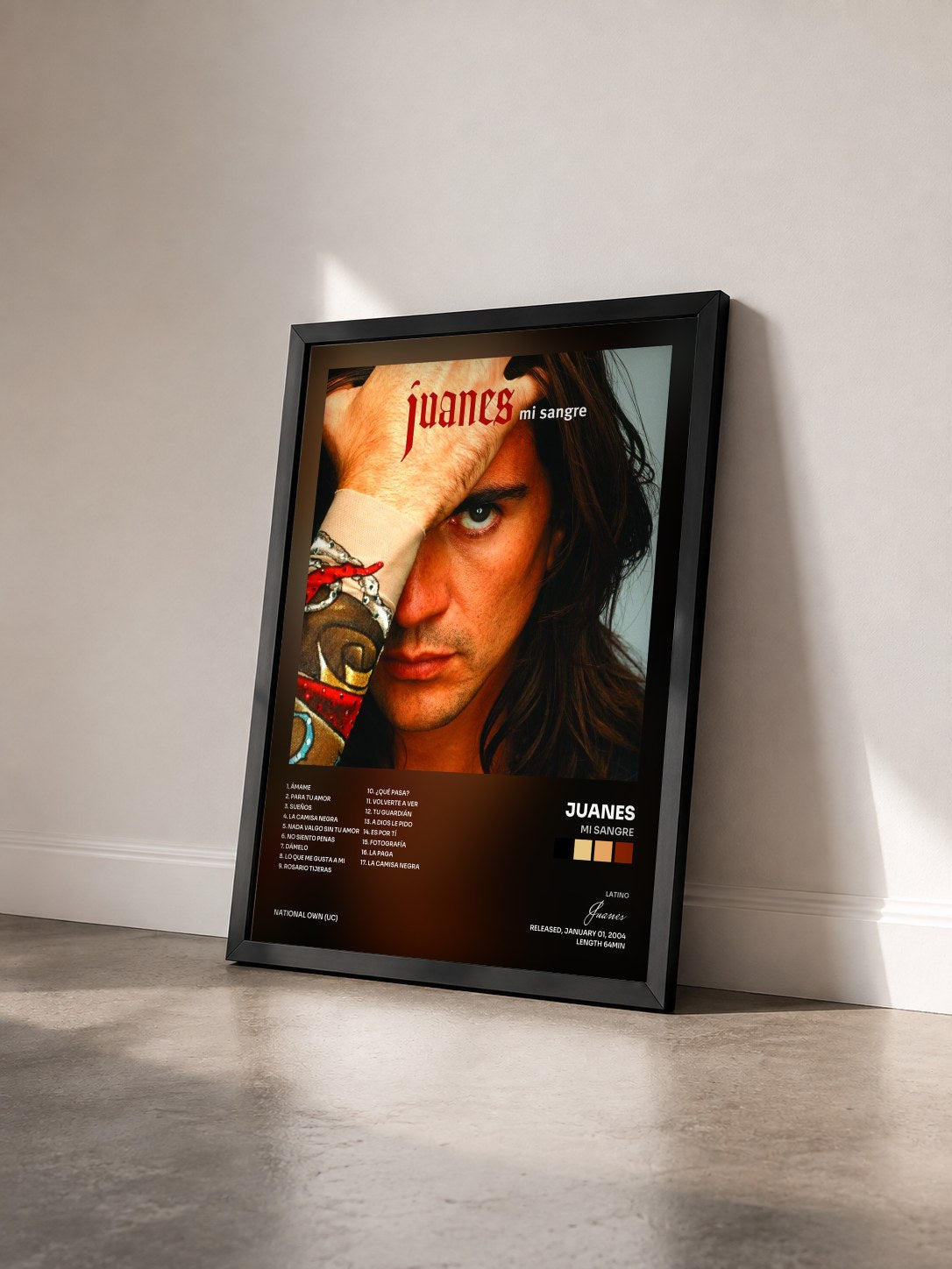 #noir Tableau de l'album Mi Sangre de Juanes vu de trois quarts, cadre noir