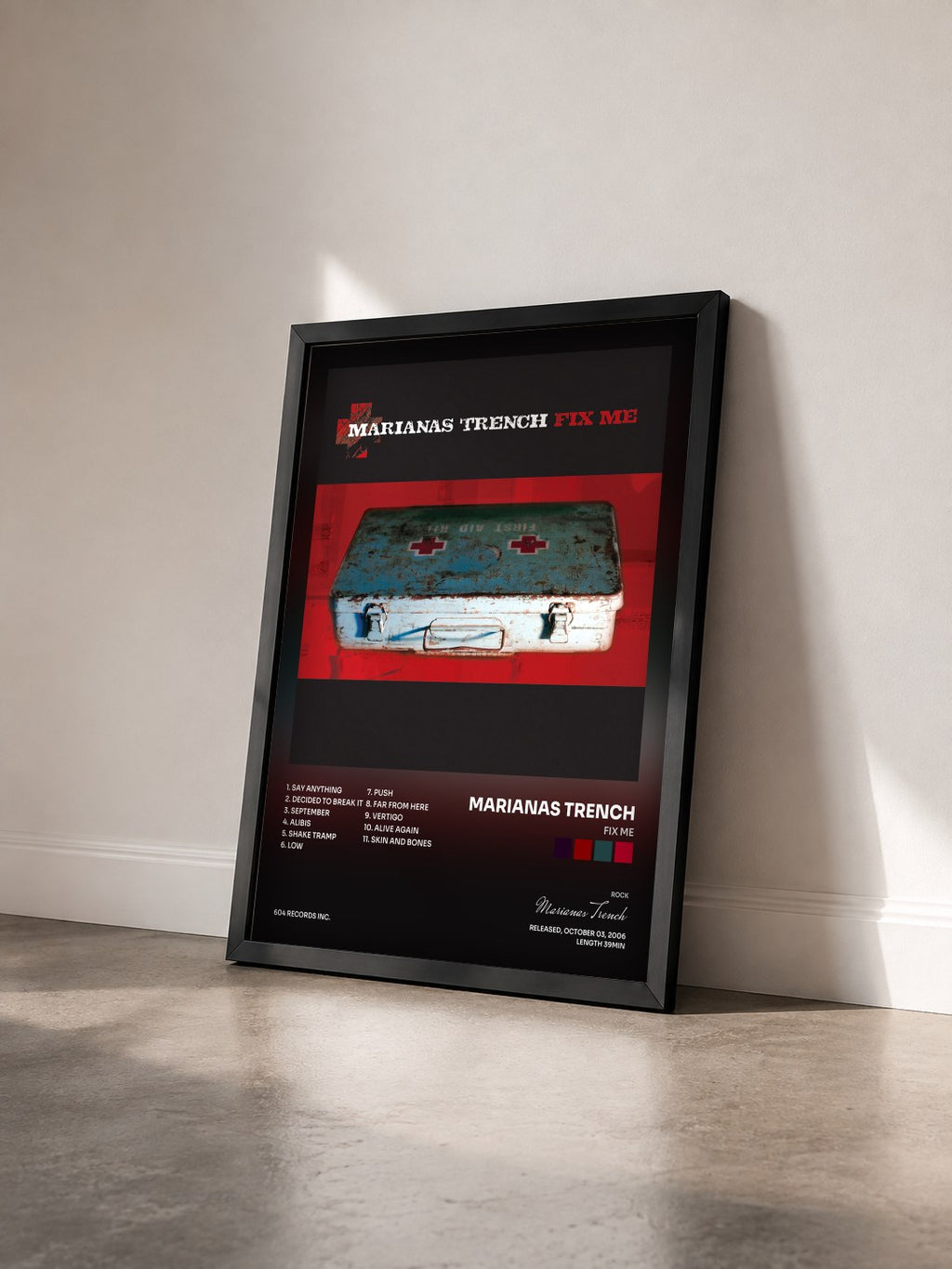 #noir Tableau de l'album Fix Me de Marianas Trench vu de trois quarts, cadre noir