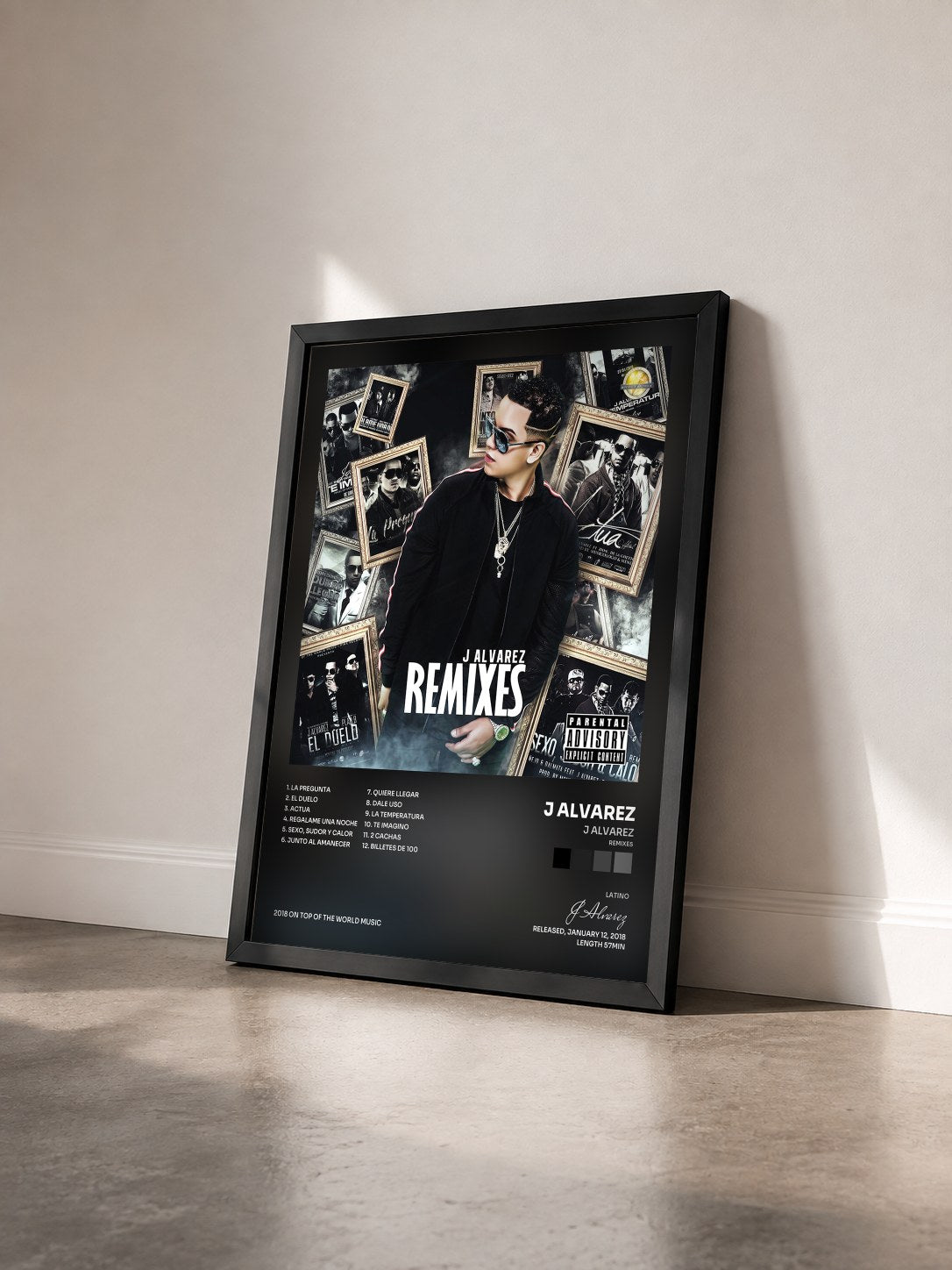 #noir Tableau de l'album J Alvarez (Remixes) de J Alvarez vu de trois quarts, cadre noir