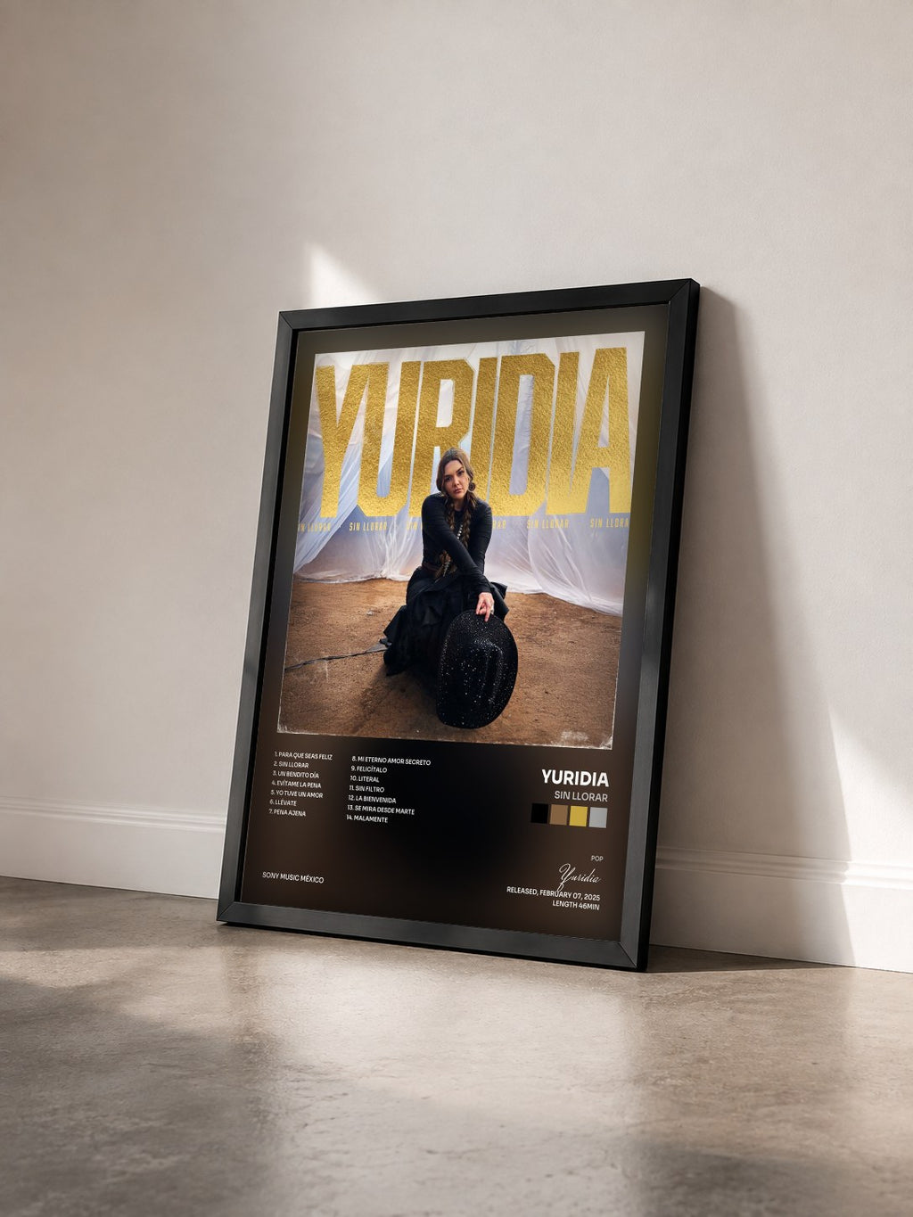 #noir Tableau de l'album Sin Llorar de Yuridia vu de trois quarts, cadre noir