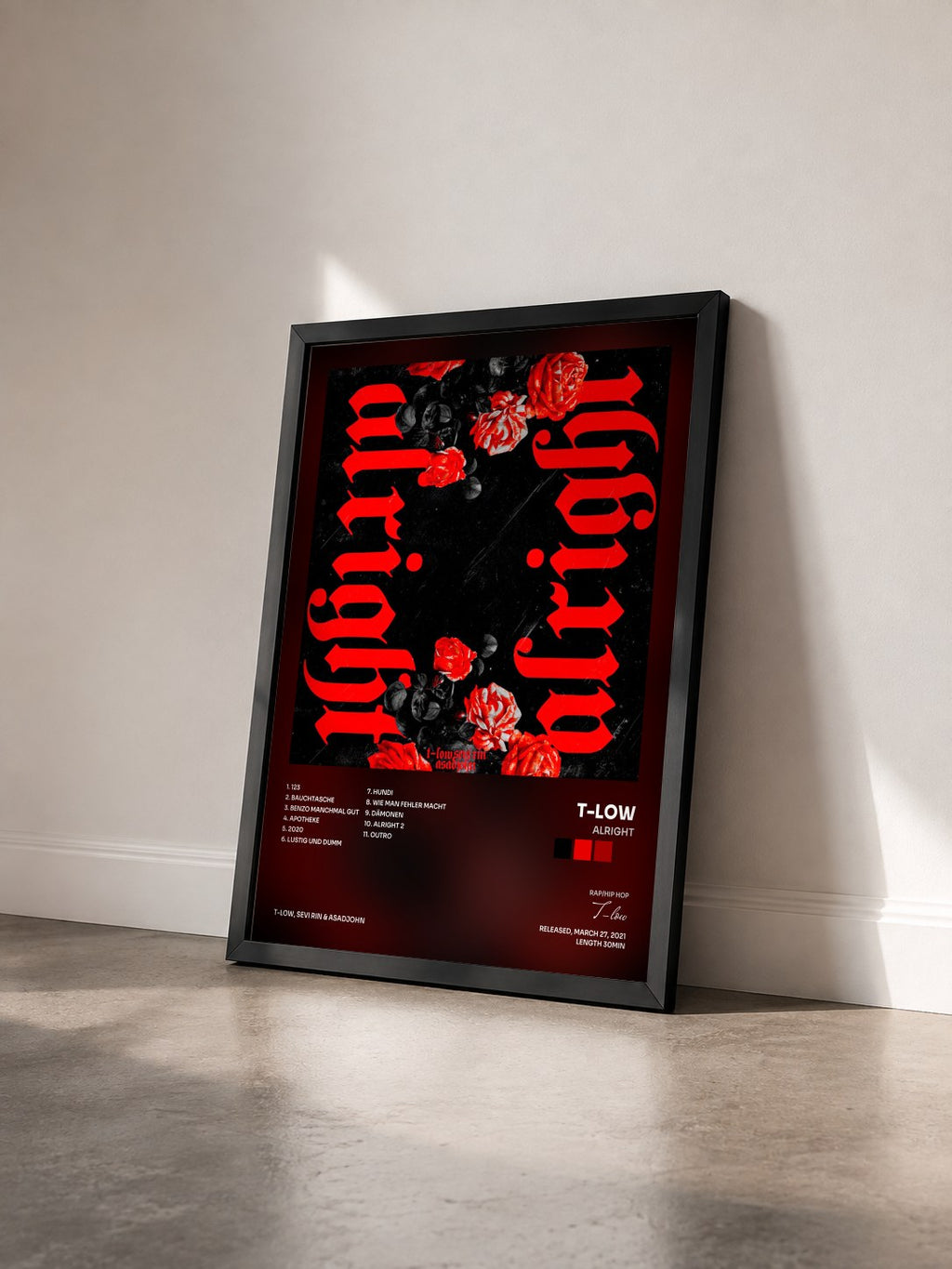 #noir Tableau de l'album Alright de T-low vu de trois quarts, cadre noir
