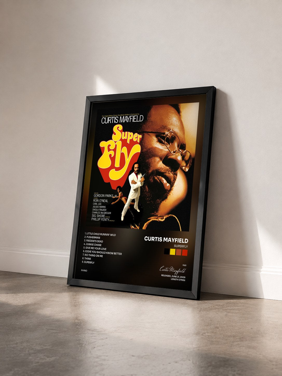 #noir Tableau de l'album Superfly de Curtis Mayfield vu de trois quarts, cadre noir