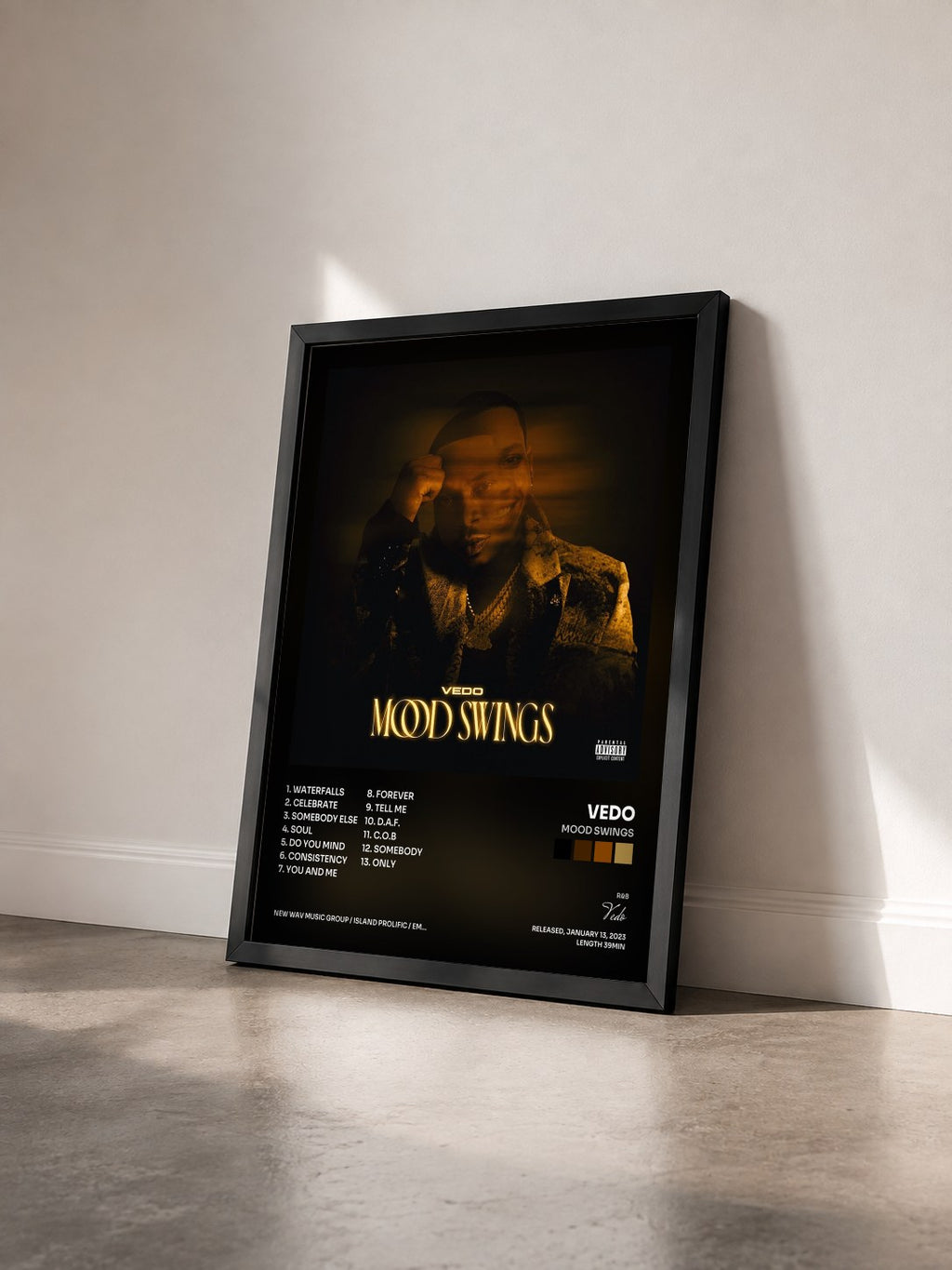 #noir Tableau de l'album Mood Swings de Vedo vu de trois quarts, cadre noir