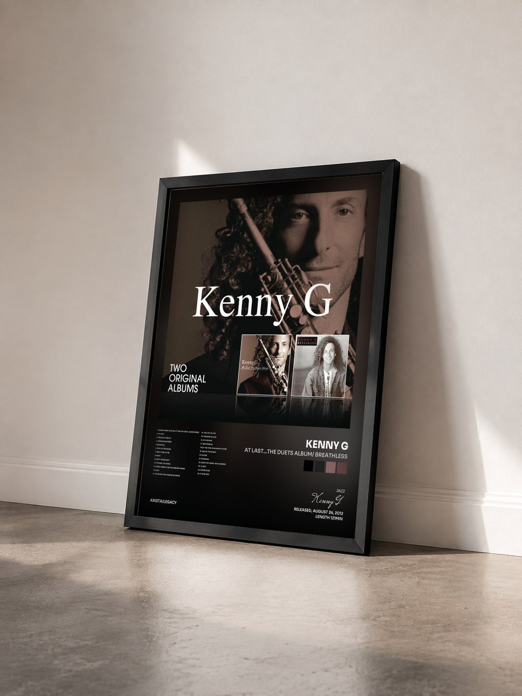 #noir Tableau de l'album At Last...The Duets Album/ Breathless de Kenny G vu de trois quarts, cadre noir