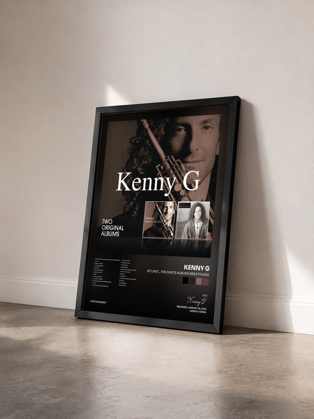 #noir Tableau de l'album At Last...The Duets Album/ Breathless de Kenny G vu de trois quarts, cadre noir