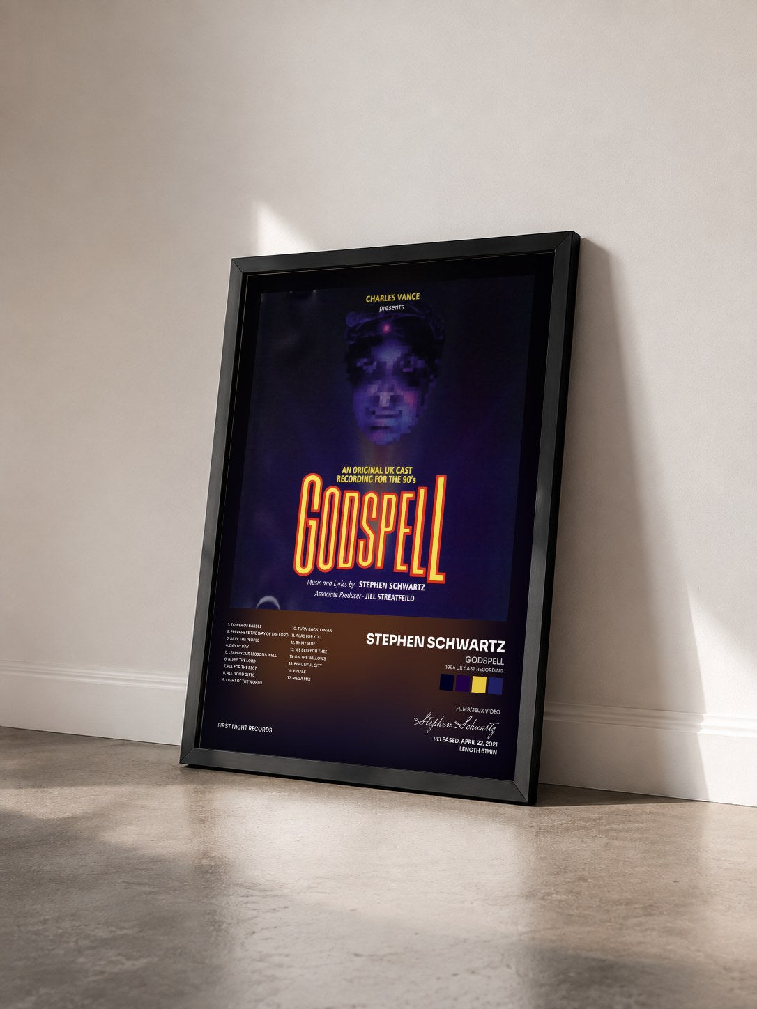 #noir Tableau de l'album Godspell (1994 UK Cast Recording) de Stephen Schwartz vu de trois quarts, cadre noir