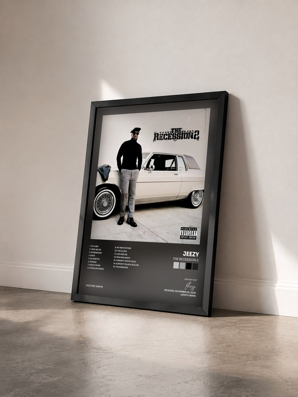 #noir Tableau de l'album The Recession 2 de Jeezy vu de trois quarts, cadre noir