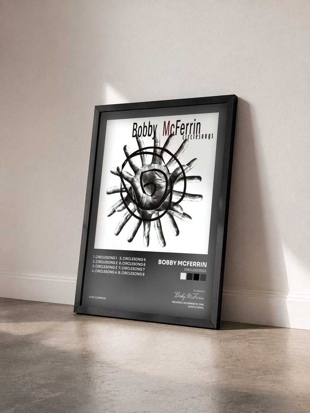 #noir Tableau de l'album Circlesongs de Bobby McFerrin vu de trois quarts, cadre noir