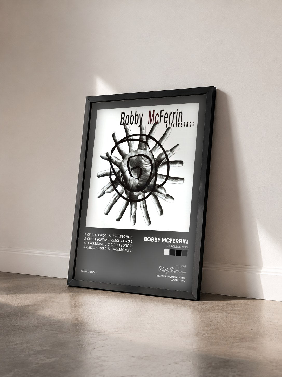 #noir Tableau de l'album Circlesongs de Bobby McFerrin vu de trois quarts, cadre noir