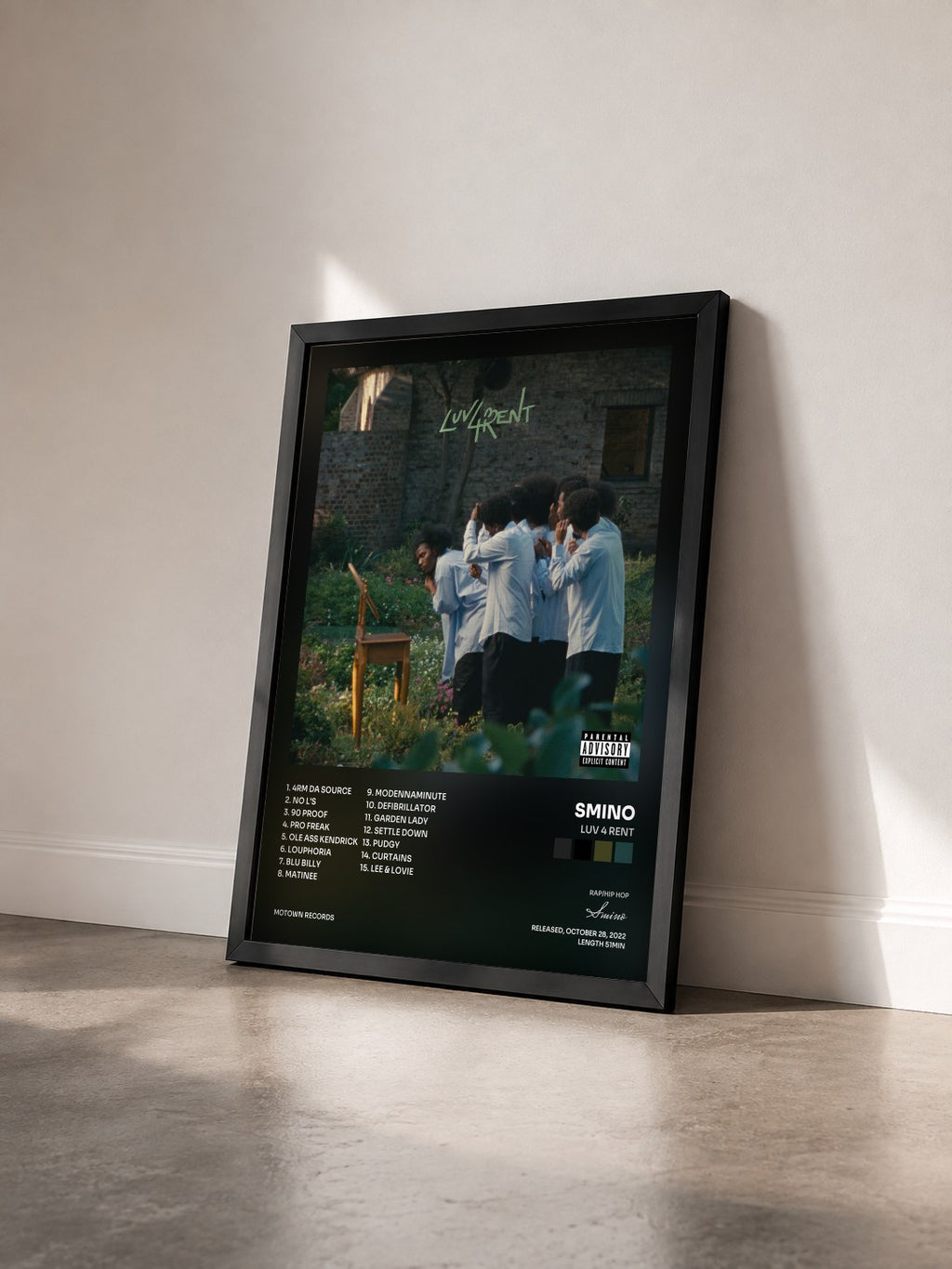 #noir Tableau de l'album Luv 4 Rent de Smino vu de trois quarts, cadre noir
