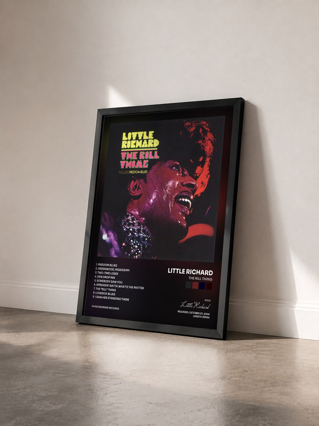 #noir Tableau de l'album The Rill Thing de Little Richard vu de trois quarts, cadre noir