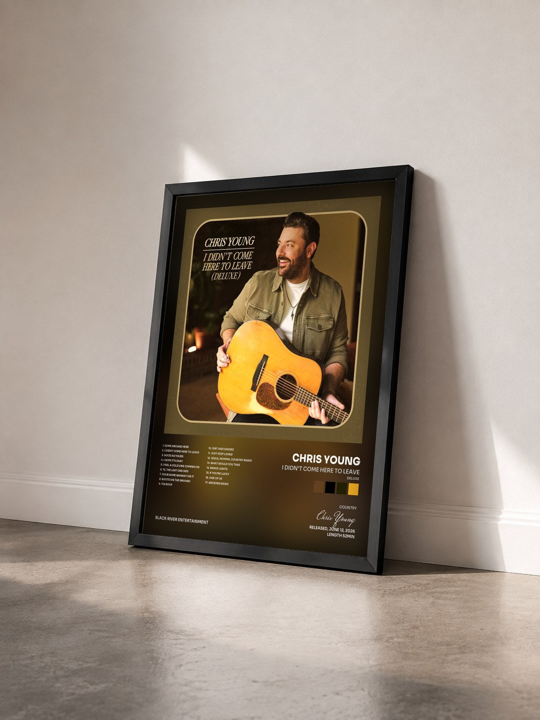 #noir Tableau de l'album I Didn't Come Here To Leave (Deluxe) de Chris Young vu de trois quarts, cadre noir
