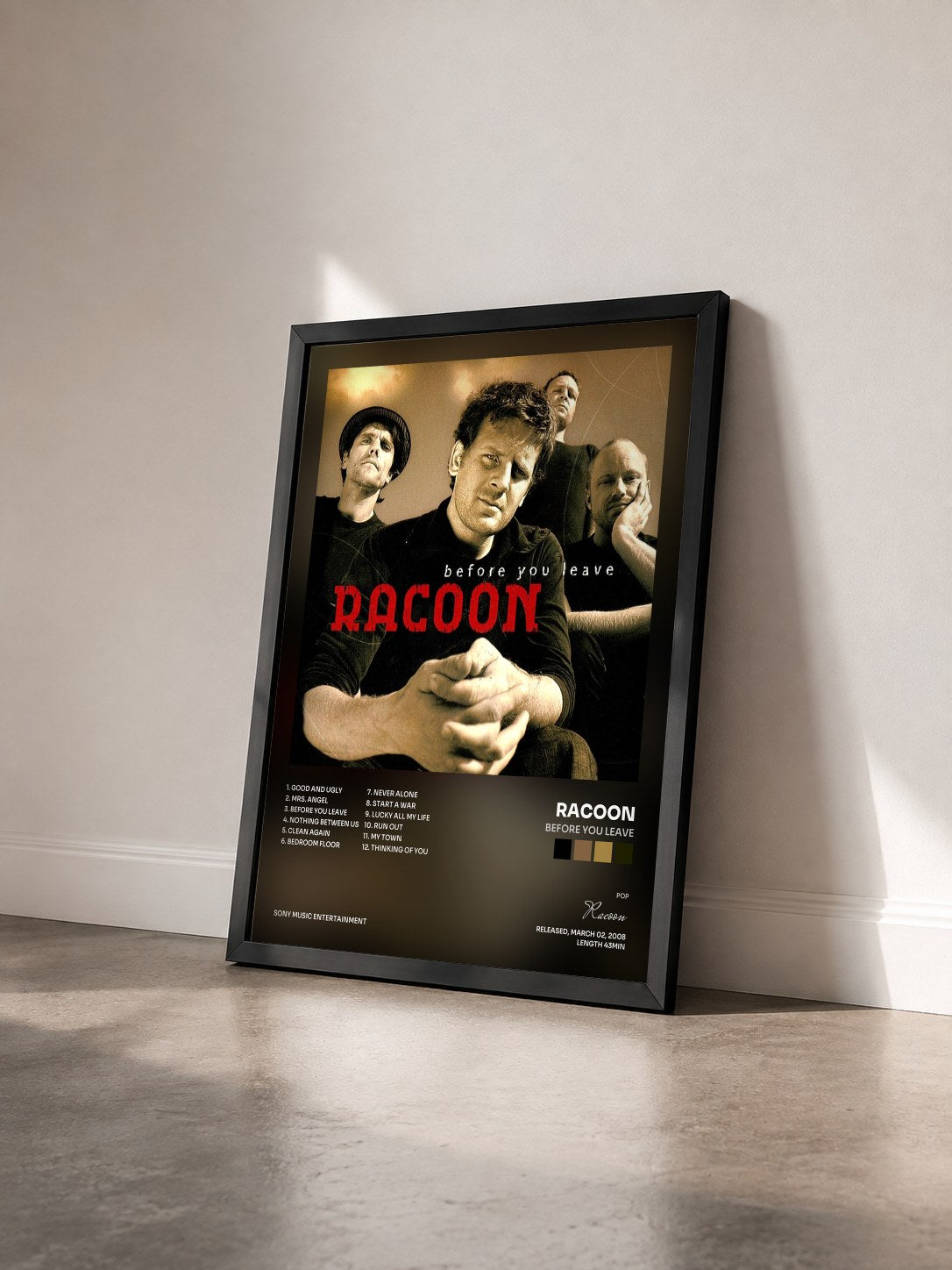 #noir Tableau de l'album Before You Leave de Racoon vu de trois quarts, cadre noir