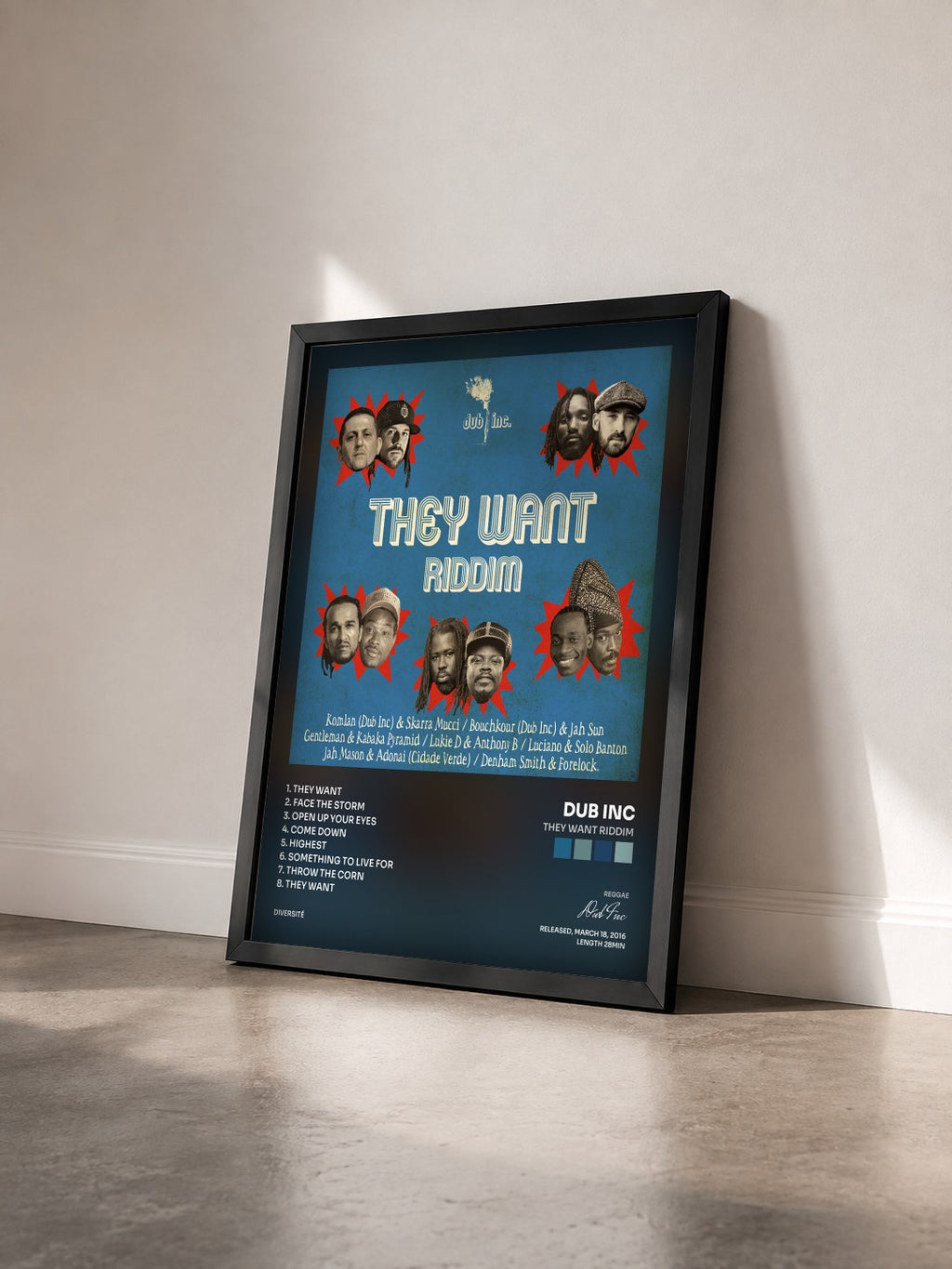 #noir Tableau de l'album They Want Riddim de Dub Inc vu de trois quarts, cadre noir