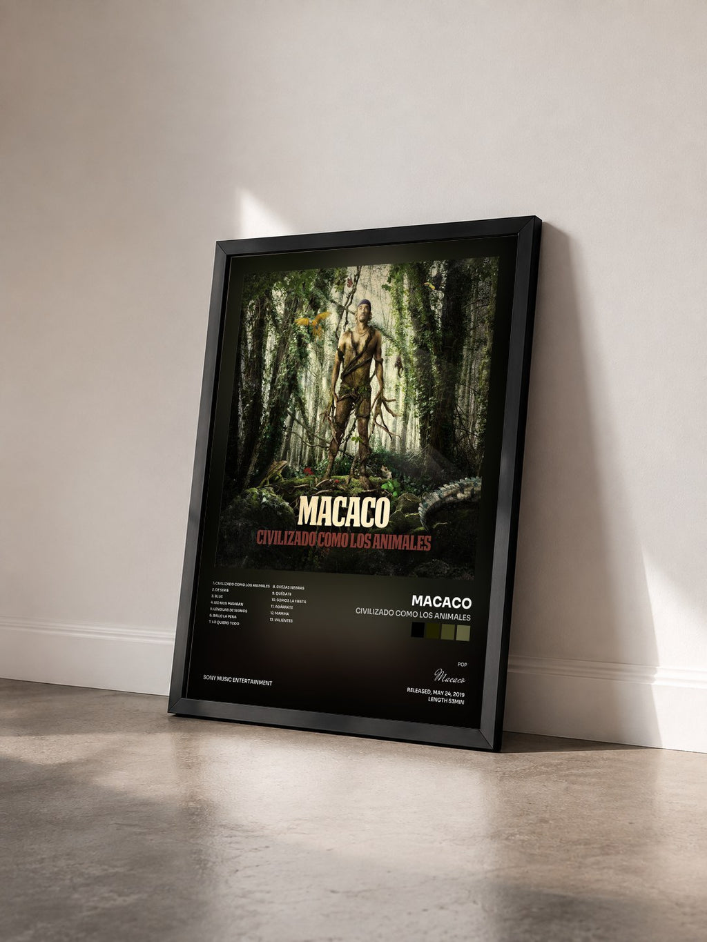 #noir Tableau de l'album Civilizado Como Los Animales de Macaco vu de trois quarts, cadre noir