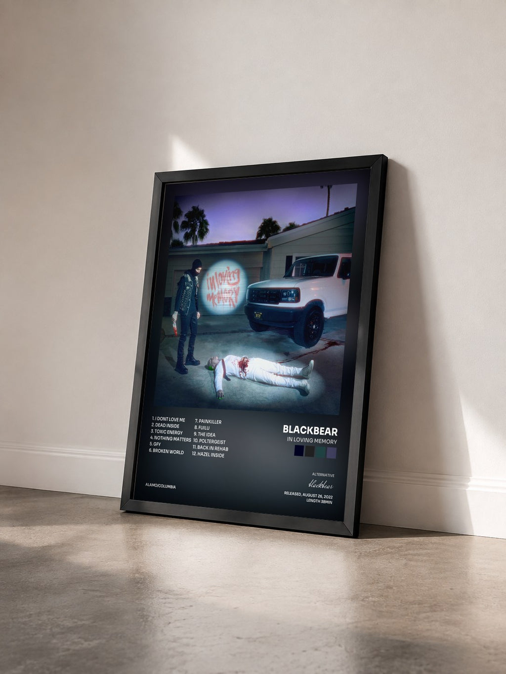 #noir Tableau de l'album in loving memory de blackbear vu de trois quarts, cadre noir