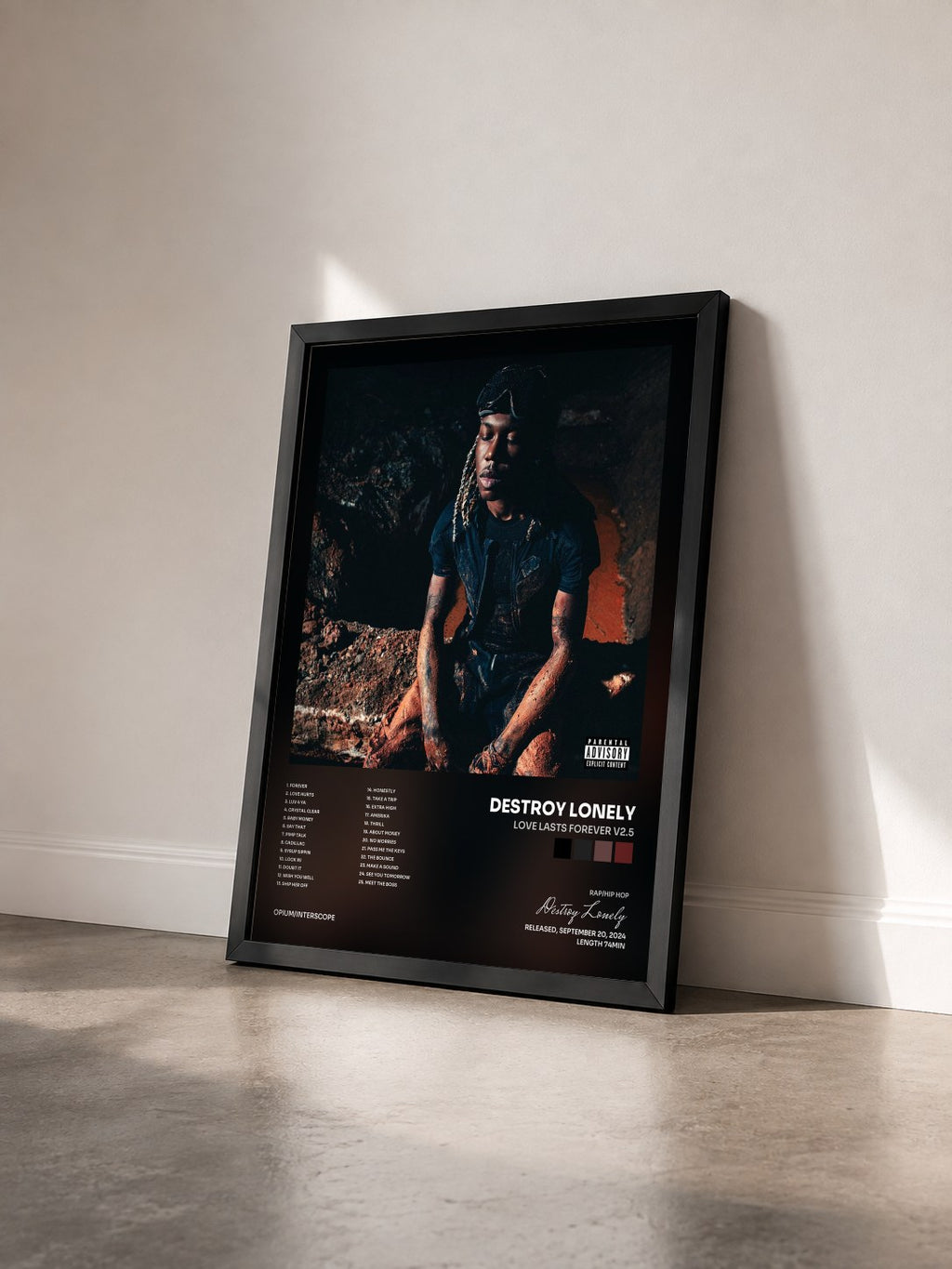 #noir Tableau de l'album LOVE LASTS FOREVER V2.5 de Destroy Lonely vu de trois quarts, cadre noir