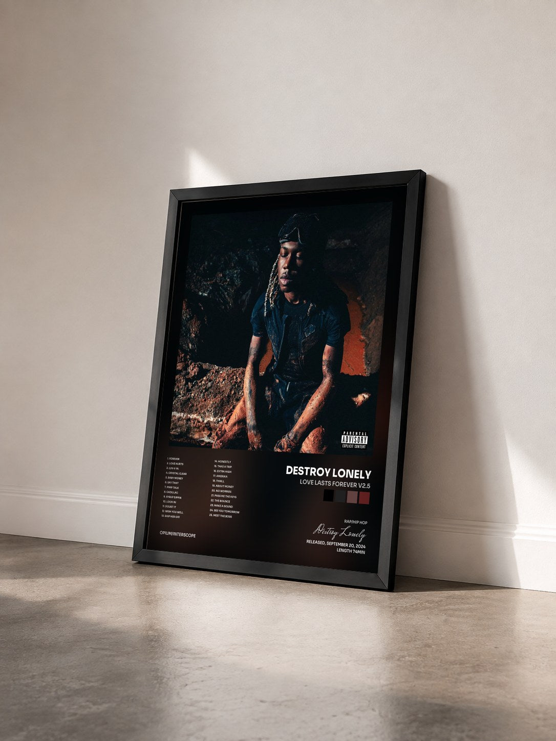 #noir Tableau de l'album LOVE LASTS FOREVER V2.5 de Destroy Lonely vu de trois quarts, cadre noir