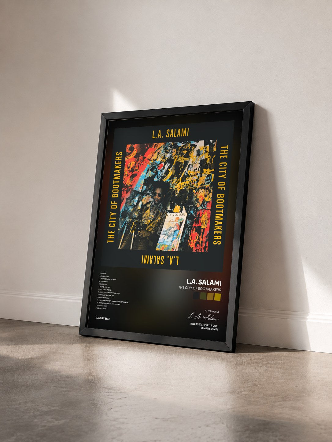 #noir Tableau de l'album The City of Bootmakers de L.A. Salami vu de trois quarts, cadre noir