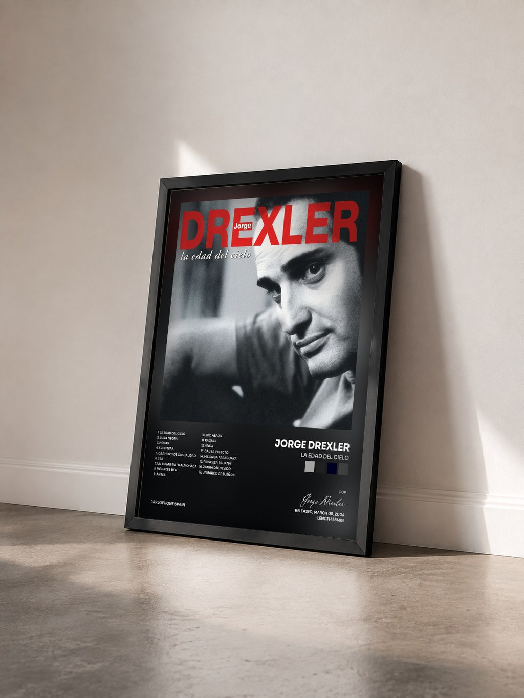 #noir Tableau de l'album La Edad Del Cielo de Jorge Drexler vu de trois quarts, cadre noir