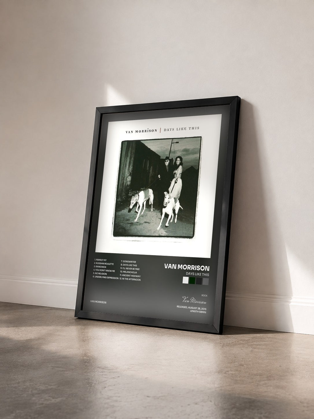 #noir Tableau de l'album Days Like This de Van Morrison vu de trois quarts, cadre noir
