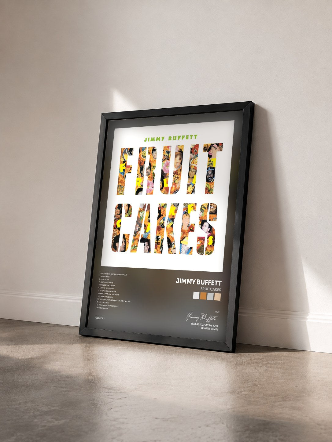 #noir Tableau de l'album Fruitcakes de Jimmy Buffett vu de trois quarts, cadre noir