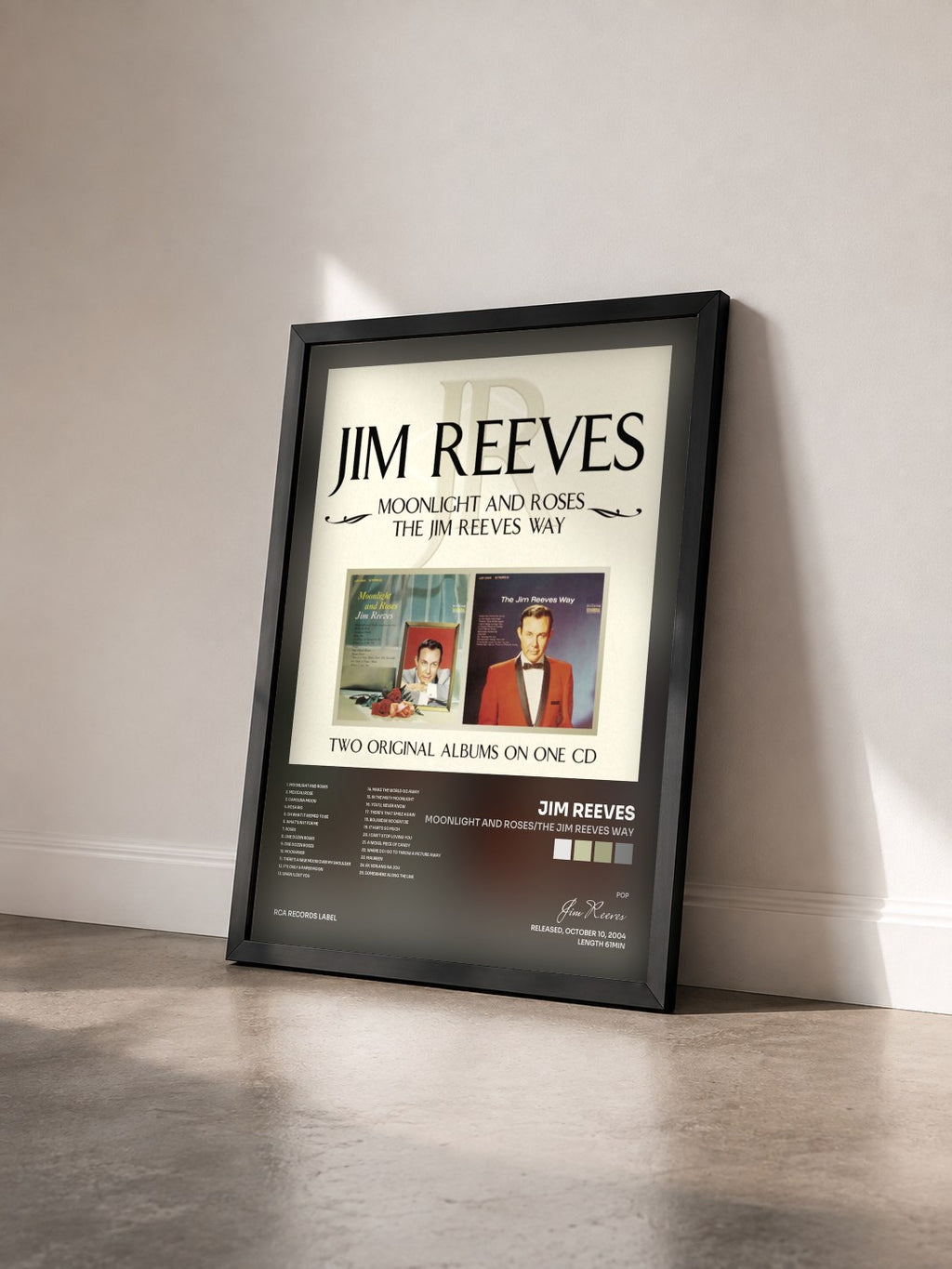 #noir Tableau de l'album Moonlight and Roses/The Jim Reeves Way de Jim Reeves vu de trois quarts, cadre noir