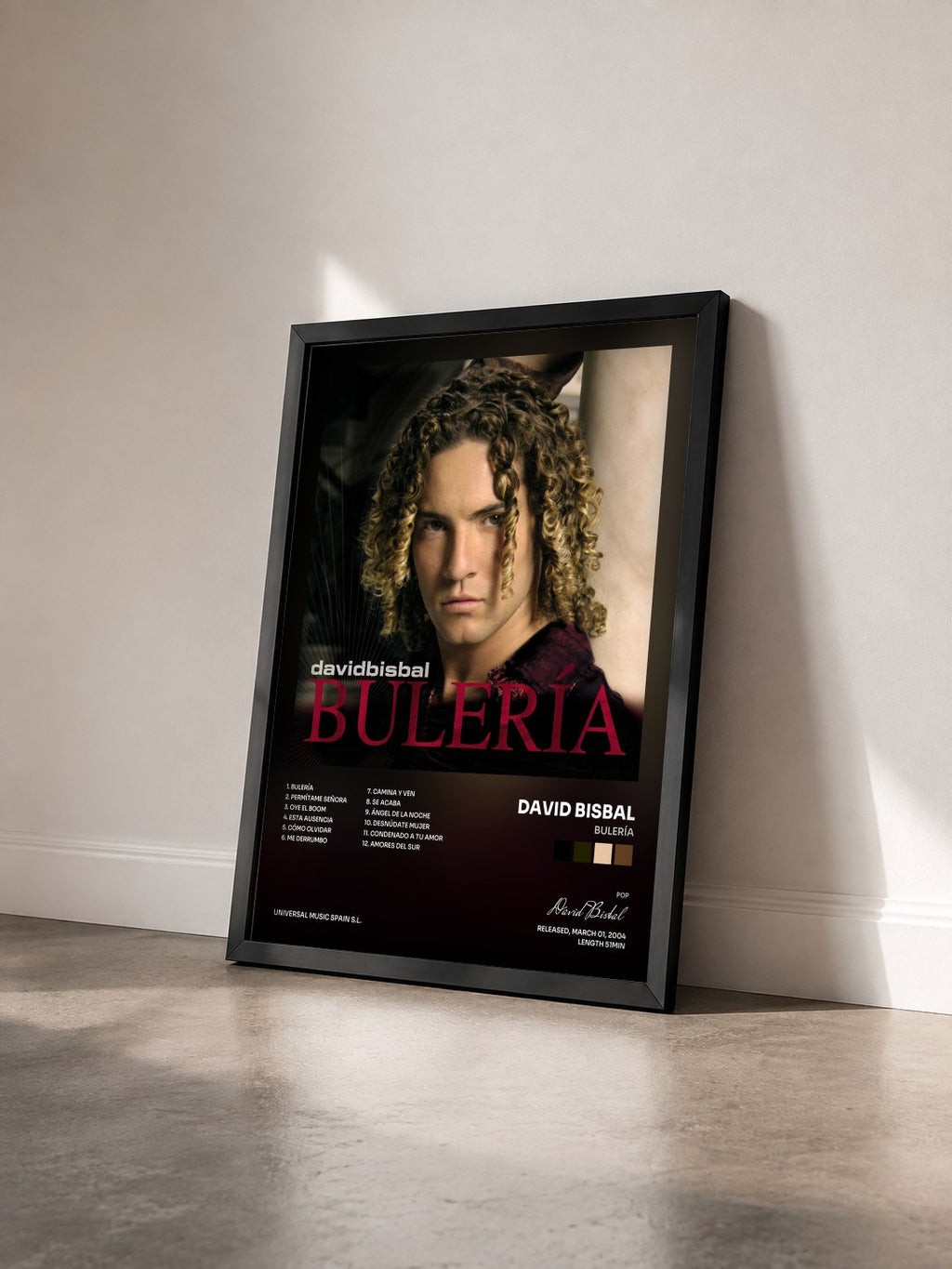 #noir Tableau de l'album Bulería de David Bisbal vu de trois quarts, cadre noir