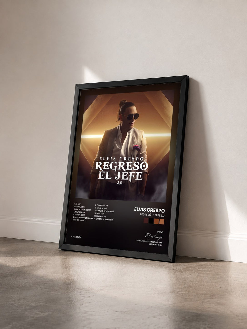 #noir Tableau de l'album Regresó el Jefe 2.0 de Elvis Crespo vu de trois quarts, cadre noir