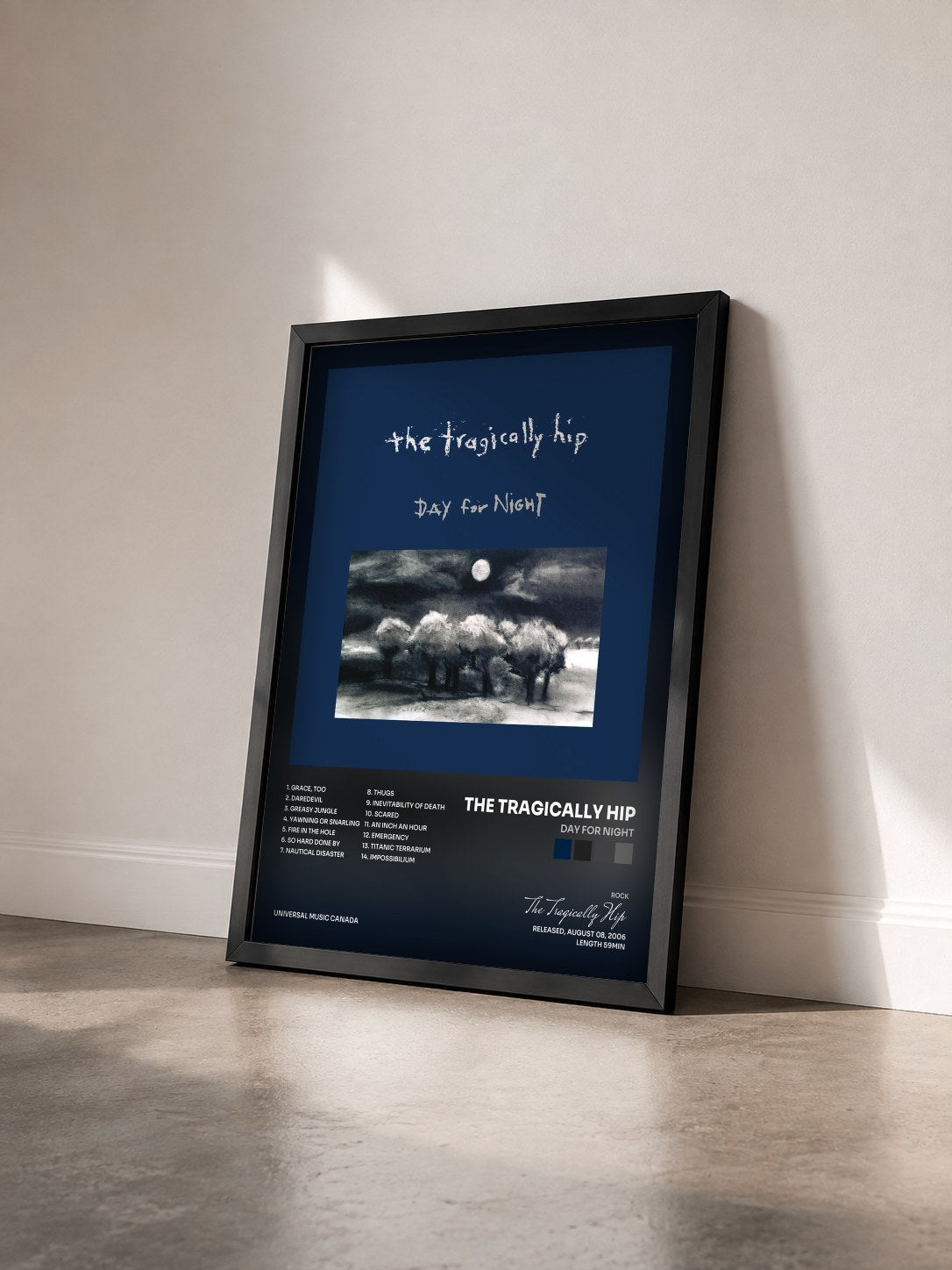 #noir Tableau de l'album Day For Night de The Tragically Hip vu de trois quarts, cadre noir
