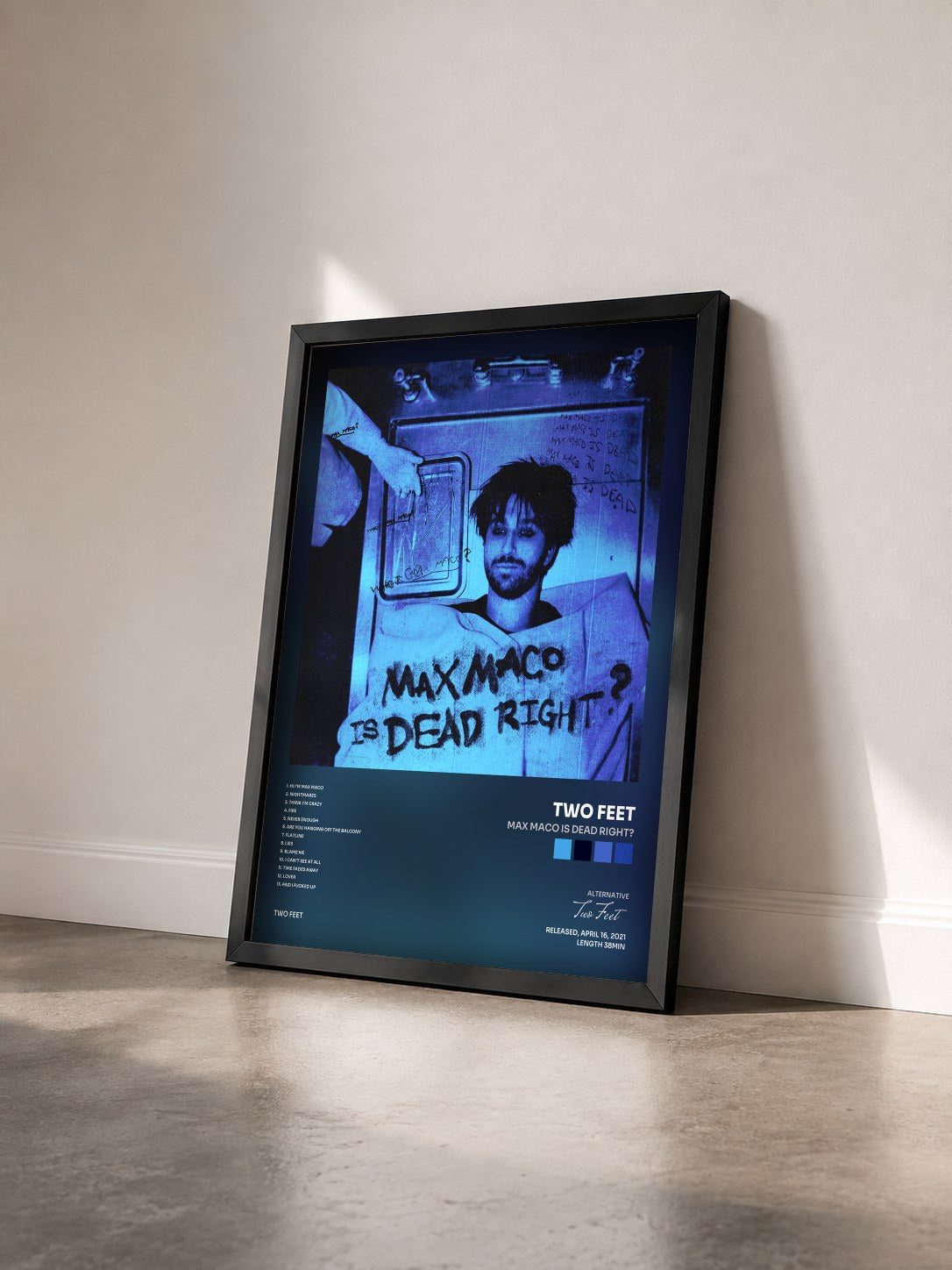 #noir Tableau de l'album Max Maco Is Dead Right? de Two Feet vu de trois quarts, cadre noir