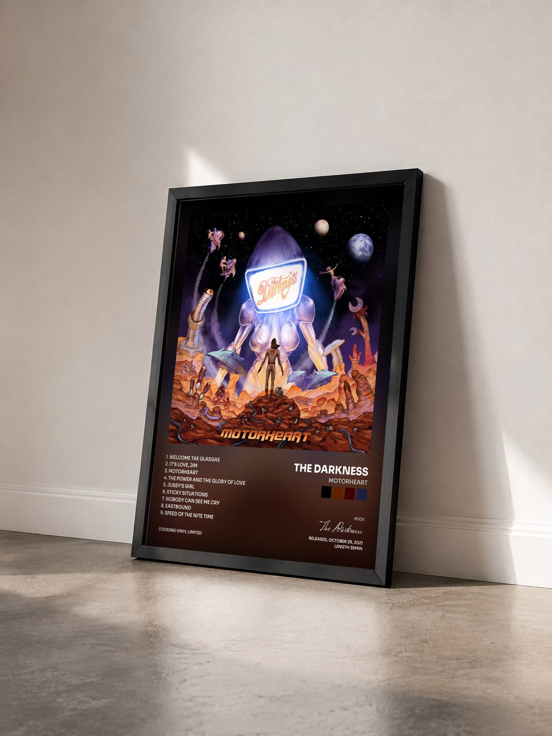 #noir Tableau de l'album Motorheart de The Darkness vu de trois quarts, cadre noir