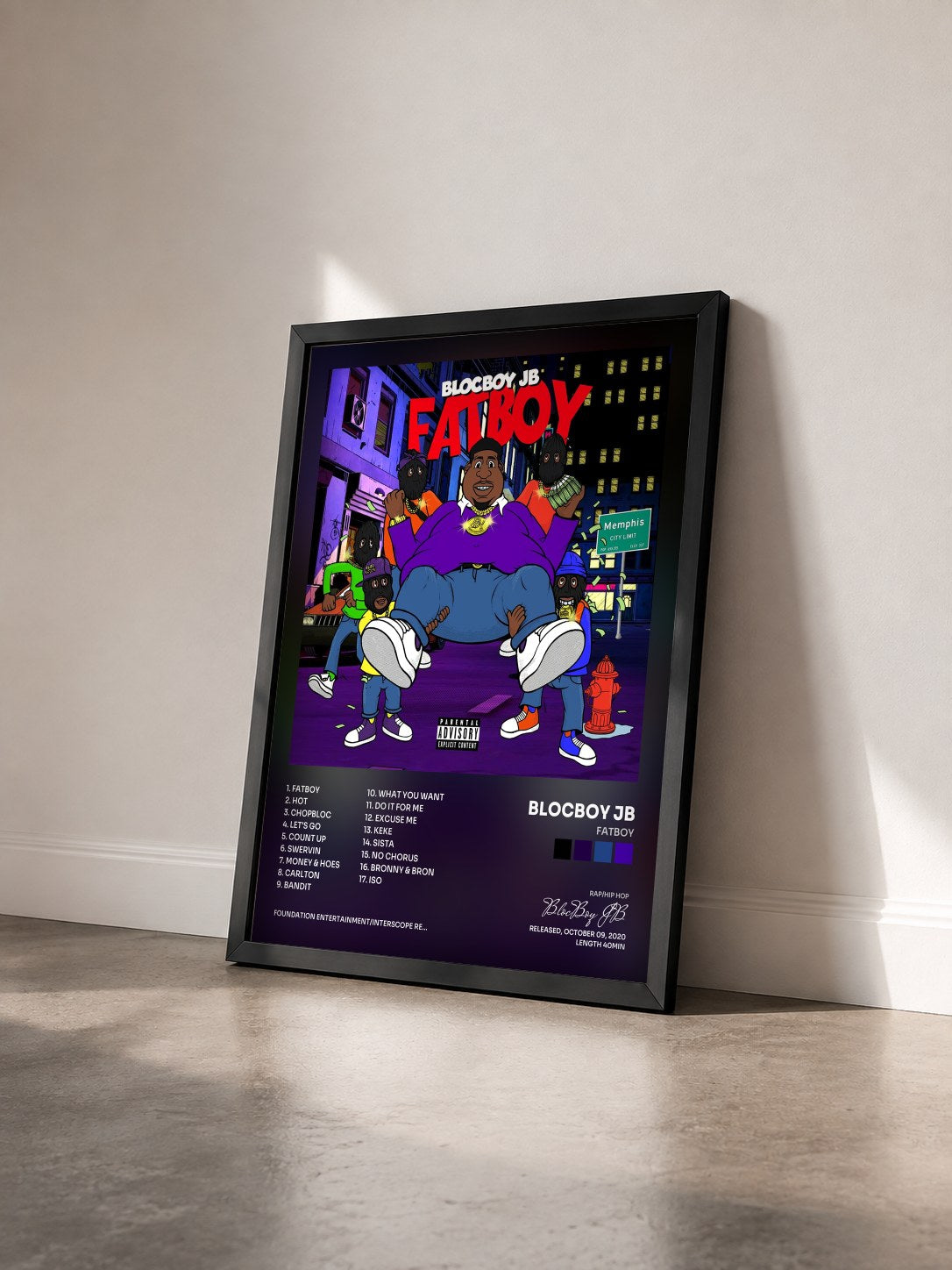 #noir Tableau de l'album FatBoy de BlocBoy JB vu de trois quarts, cadre noir